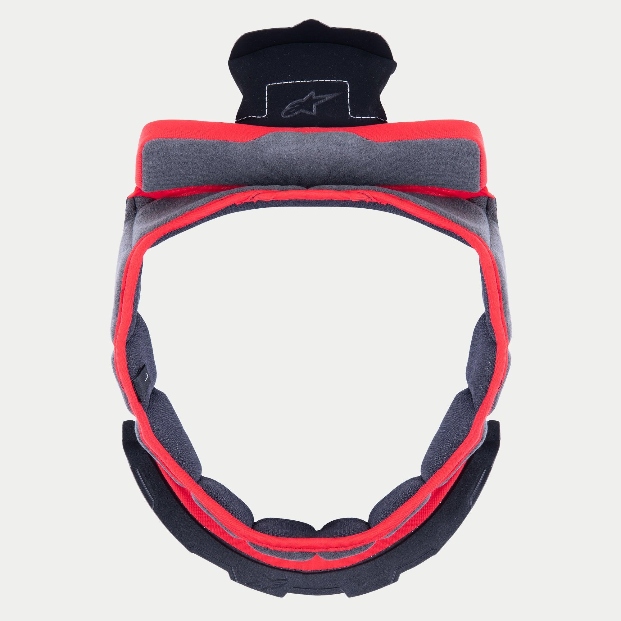 Alpinestars Supertech R10 Crown Pad, wymienna wyściółka górna kasku, szara miękka tkanina z czerwonym wykończeniem i czarnymi wypustkami mocującymi, okrągła konstrukcja do kasków S-R10, haftowane logo gwiazdy na górnej wypustce