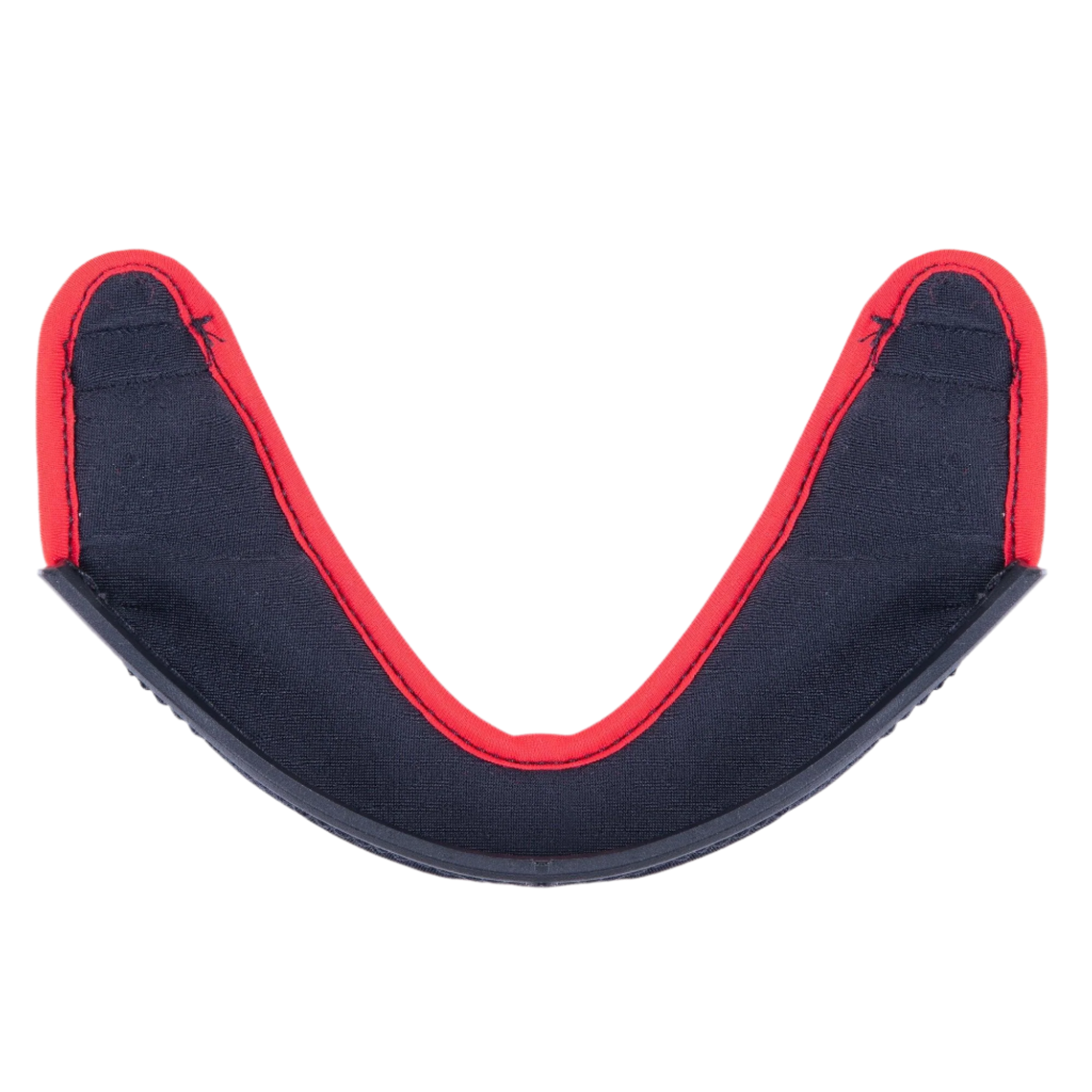 Alpinestars Supertech R10 Chin Curtain, osłona podbródka, akcesorium do kasku, ciemnoszara tkanina z wyraźnym czerwonym obszyciem i zakrzywioną czarną plastikową krawędzią, oficjalna część zamienna do kasków S-R10