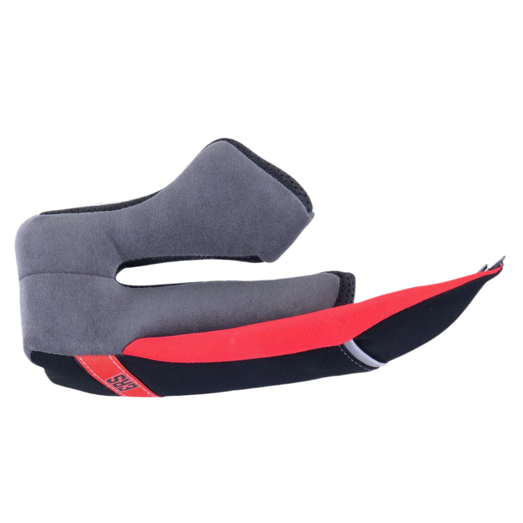 Alpinestars Supertech R10 Regular Cheek Pad, prawa wkładka policzkowa do kasku motocyklowego, szara miękka wyściółka z czarnymi i czerwonymi akcentami, czerwony uchwyt systemu awaryjnego wypinania ERS