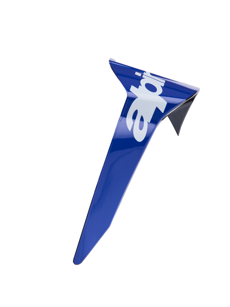 Alpinestars Supertech R10 Arius Standard Spoiler, aerodynamic helmet replacement part, glossy blue with white Alpinestars branding, precision-molded plastic for high-speed racing stability.