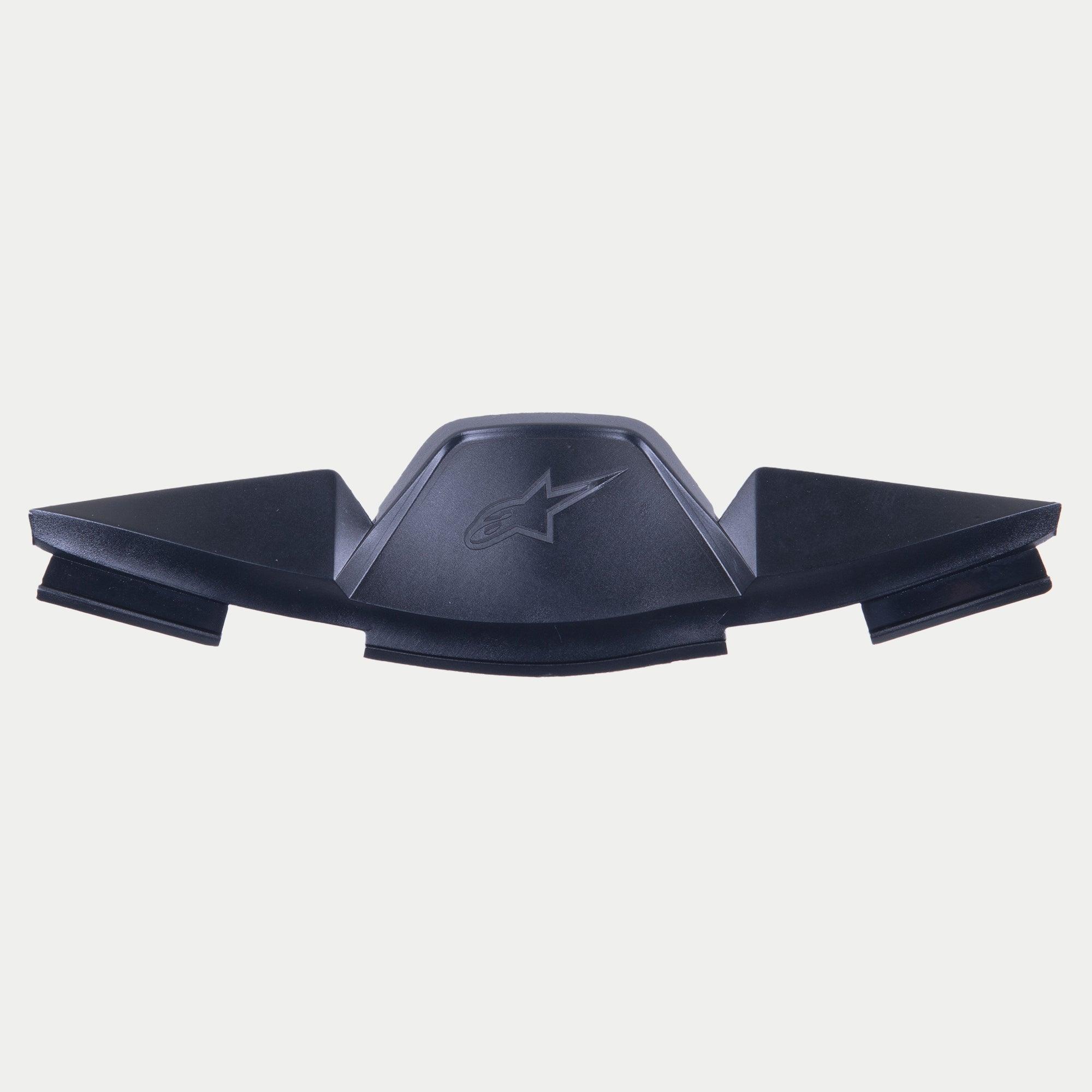 Alpinestars Supertech R10 Breath Deflector, czarne akcesorium do kasku, z wytłoczonym logo gwiazdy i kanciastym designem geometrycznym wspomagającym przepływ powietrza i ograniczającym parowanie wizjera