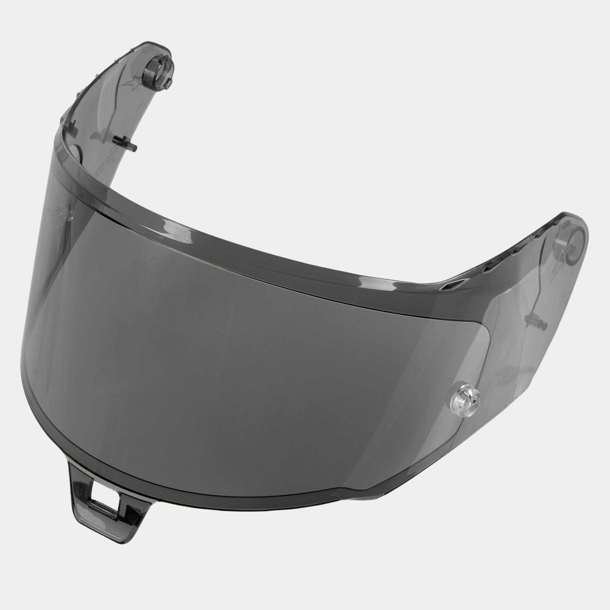 Alpinestars Supertech R10 AFHS-01 Shield, akcesorium do kasku, Dark Smoke, zakrzywiony wizjer wymienny, przezroczyste ciemne przyciemnienie, powłoka zapobiegająca zarysowaniom, elementy montażowe, przeznaczony do jazdy dziennej