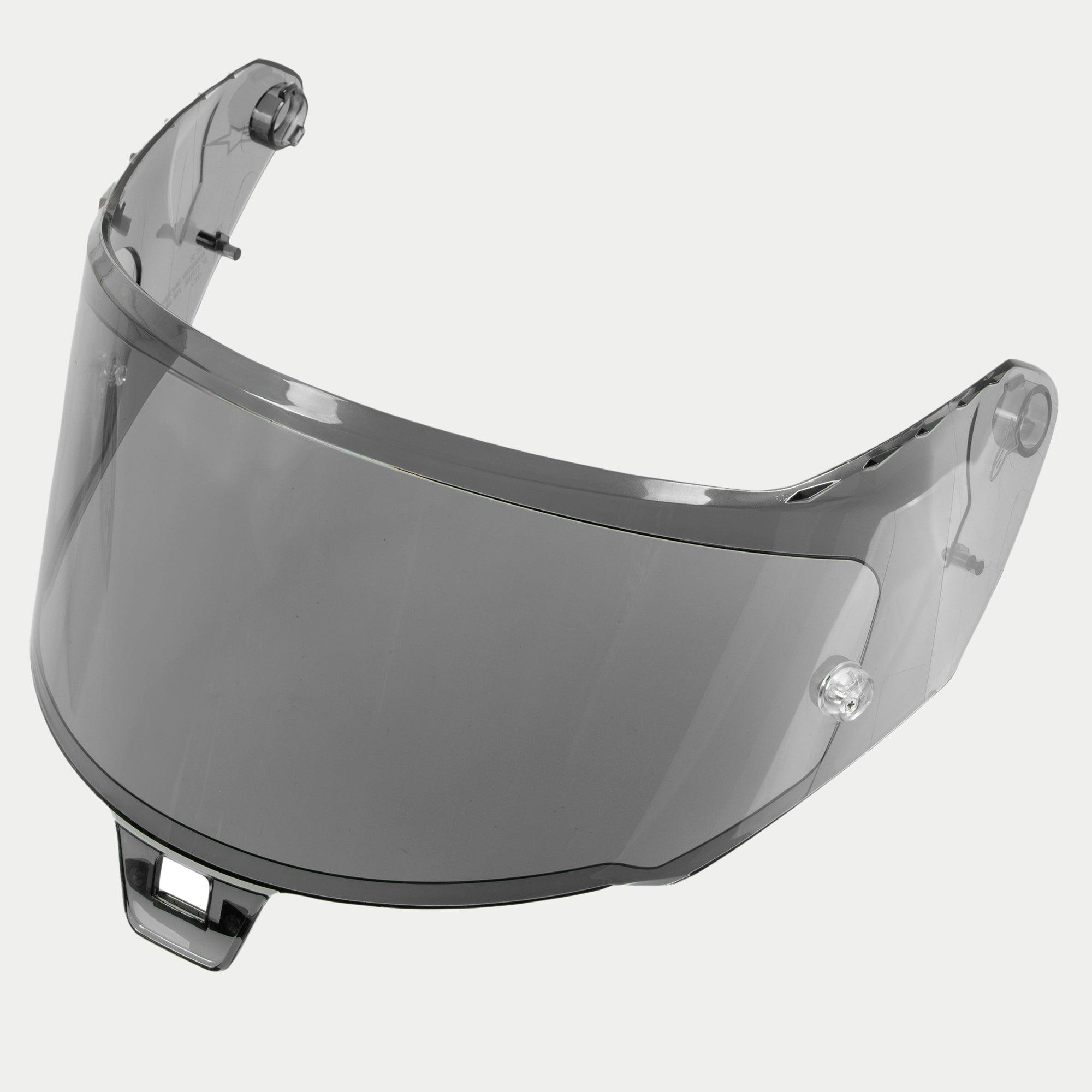Alpinestars Supertech R10 AFHS-01 Shield, Helmet Visor, Light Smoke, semi-transparent gray plastic, aerodynamic curved design with side mounting points and central tab, replacement part for S-R10 racing helmet.
