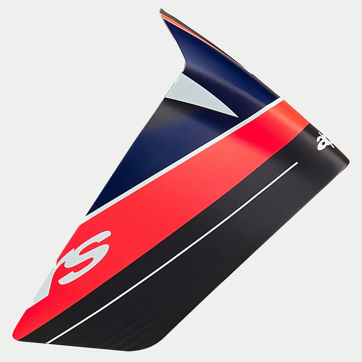 Alpinestars Supertech R10 Team Race Spoiler, Helmet Accessory, Black Carbon, Red Fluo and Dark Blue Matte, aerodynamic wing design with white logo graphics, replacement component for motorcycle racing helmets