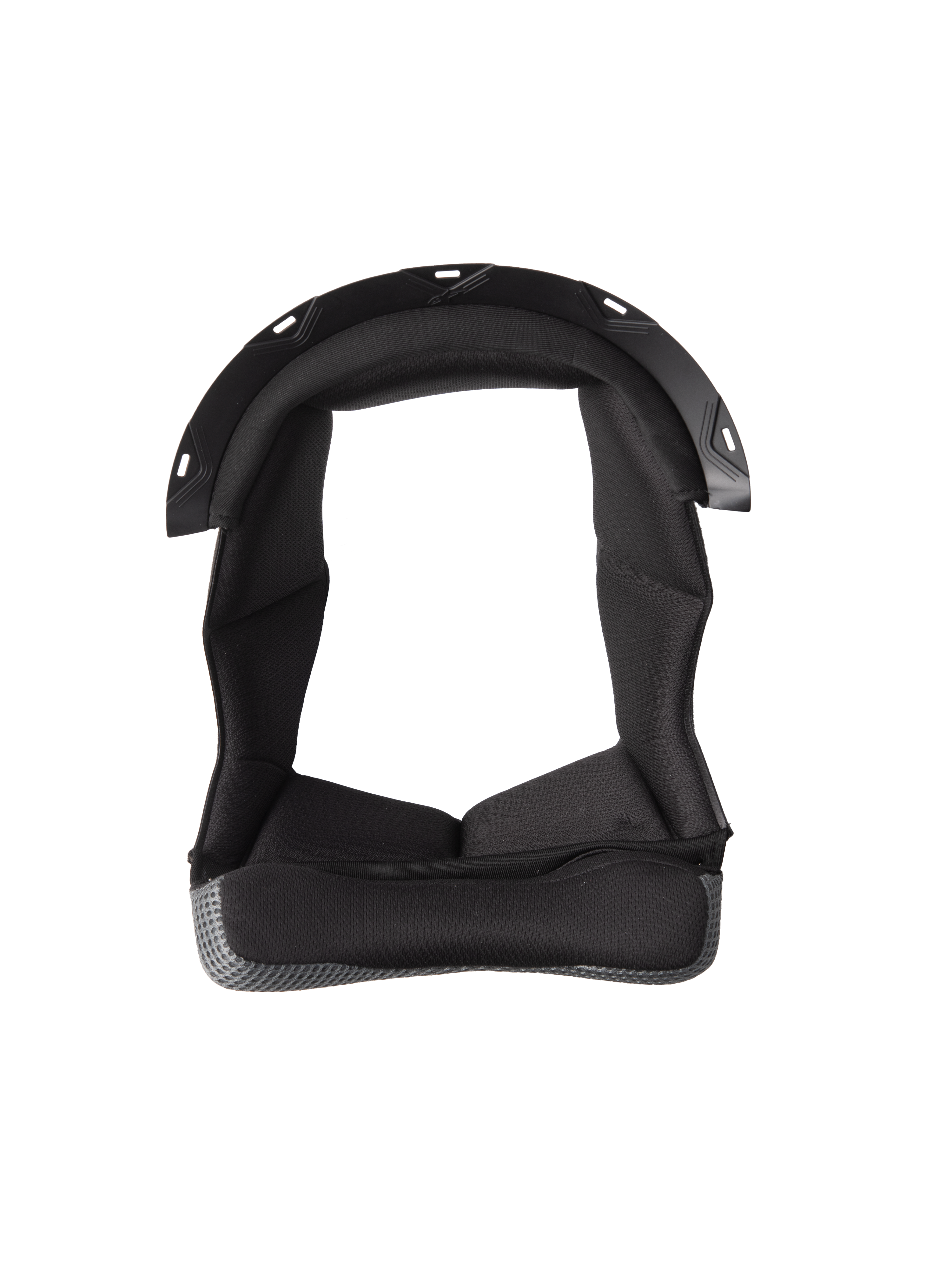 Alpinestars S-M7 Crown Pad, czarna wyściółka kasku o konstrukcji w kształcie litery U, wyściełane wnętrze z teksturowanej tkaniny, szara krawędź z materiału mesh, plastikowe punkty montażowe na zatrzaski, ochronna wyściółka kasku motocyklowego zapewniająca komfort