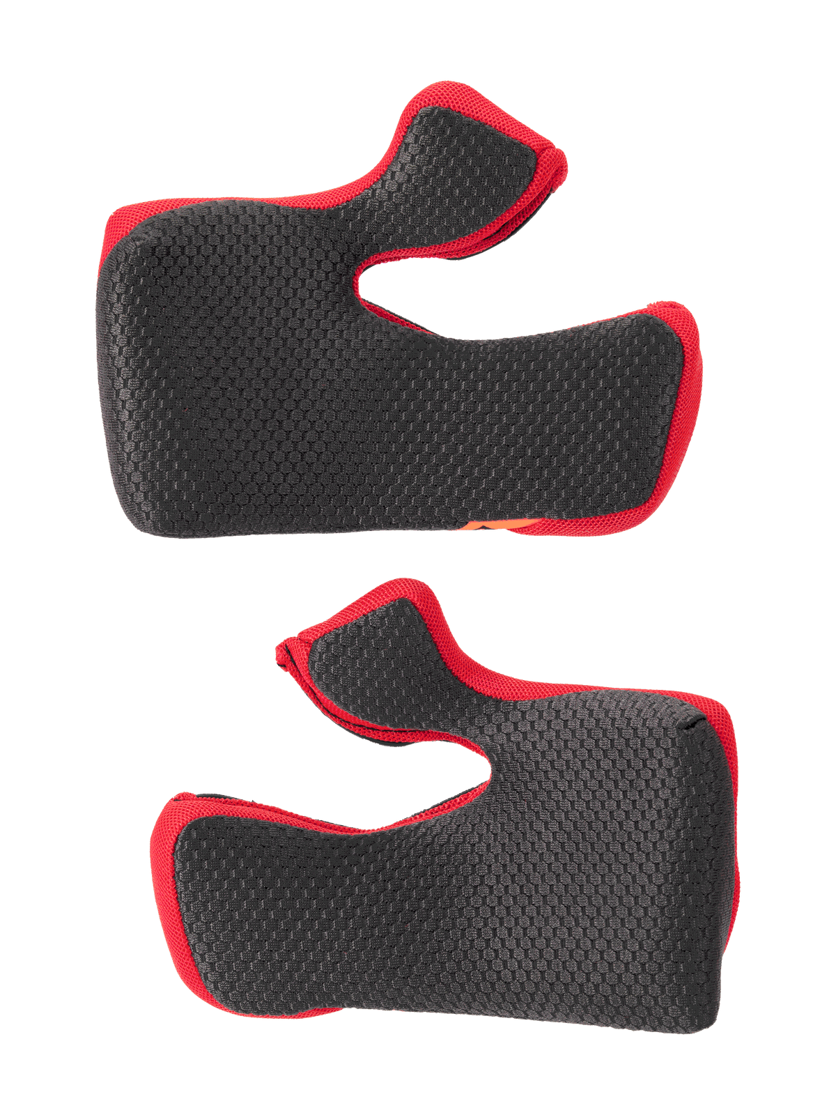 Alpinestars Supertech M10 22.06 Regular Cheek Pad Set, czarne z czerwonymi krawędziami, teksturowana powierzchnia z siatki o heksagonalnym wzorze, wymienna wyściółka wewnętrzna do kasków motocrossowych, ergonomiczny, zakrzywiony kształt