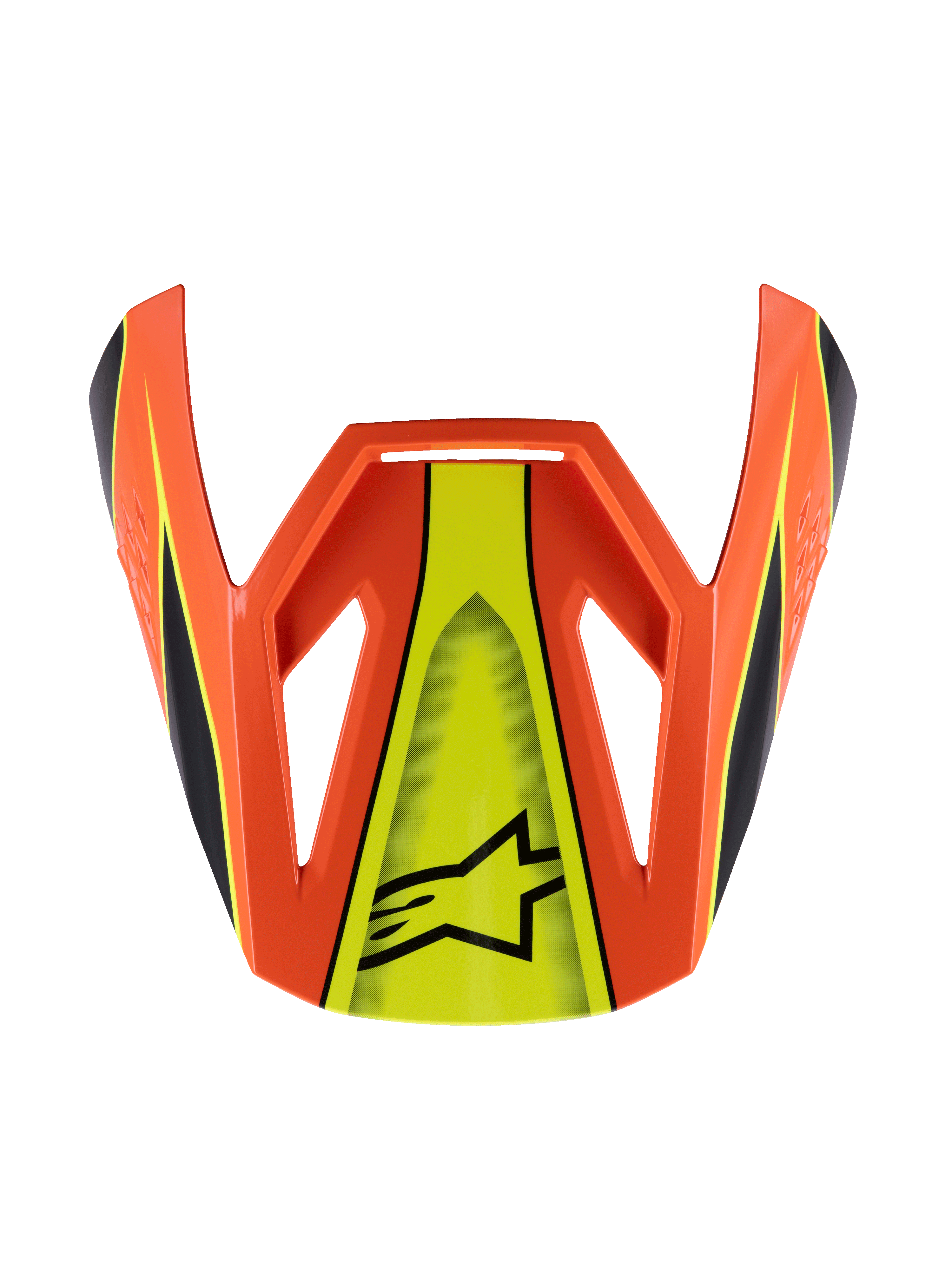Alpinestars S-M3 Youth Fray Visor, daszek do kasku motocrossowego, pomarańczowy i fluorescencyjny żółty, kanciasty aerodynamiczny design z czarnym logo Astar i paskami wyścigowymi, wytrzymała plastikowa część zamienna do kasków terenowych dla młodzieży