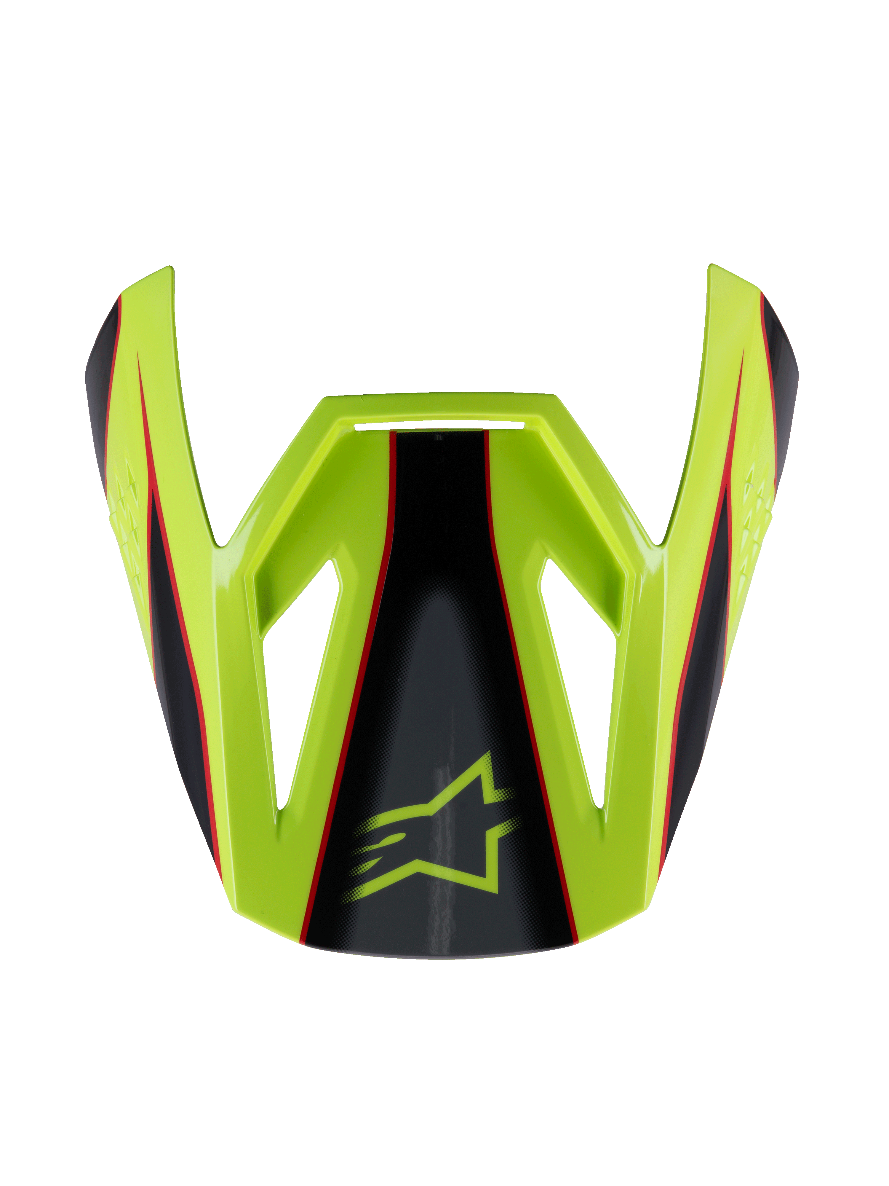 Alpinestars S-M3 Youth Fray Visor, daszek do kasku motocrossowego, żółty fluo, czarny i czerwony z błyszczącym wykończeniem, kanciasty design z logo Alpinestars, oficjalna część zamienna do młodzieżowych kasków wyścigowych