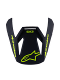 Alpinestars S-M3 Youth Radium Visor, wymienny daszek do kasku, czarny matowy z jaskrawożółtymi grafikami, logo SM3 i branding Alpinestars, aerodynamiczna kanciasta konstrukcja do kasków motocrossowych