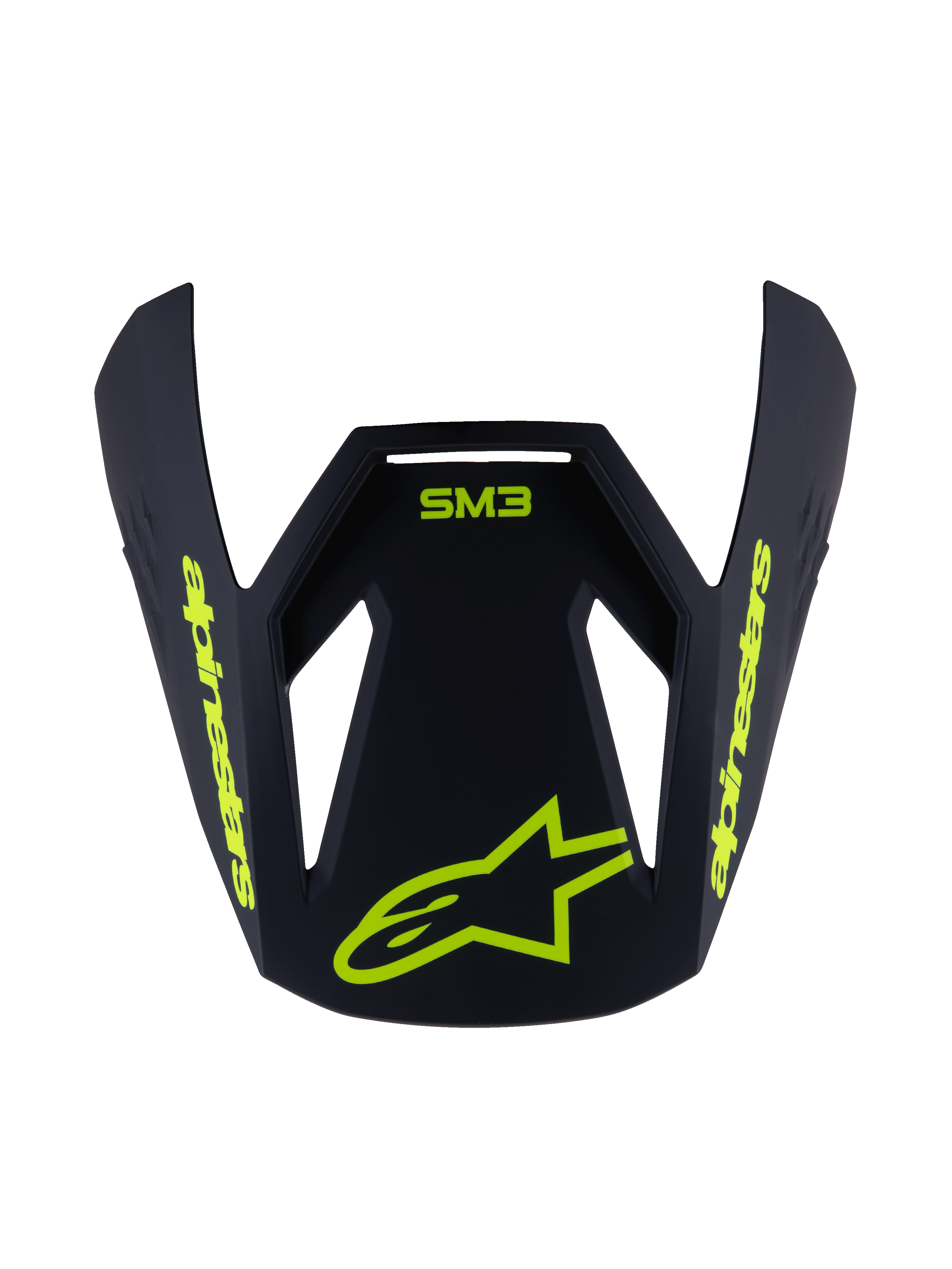 Alpinestars S-M3 Youth Radium Visor, wymienny daszek do kasku, czarny matowy z jaskrawożółtymi grafikami, logo SM3 i branding Alpinestars, aerodynamiczna kanciasta konstrukcja do kasków motocrossowych