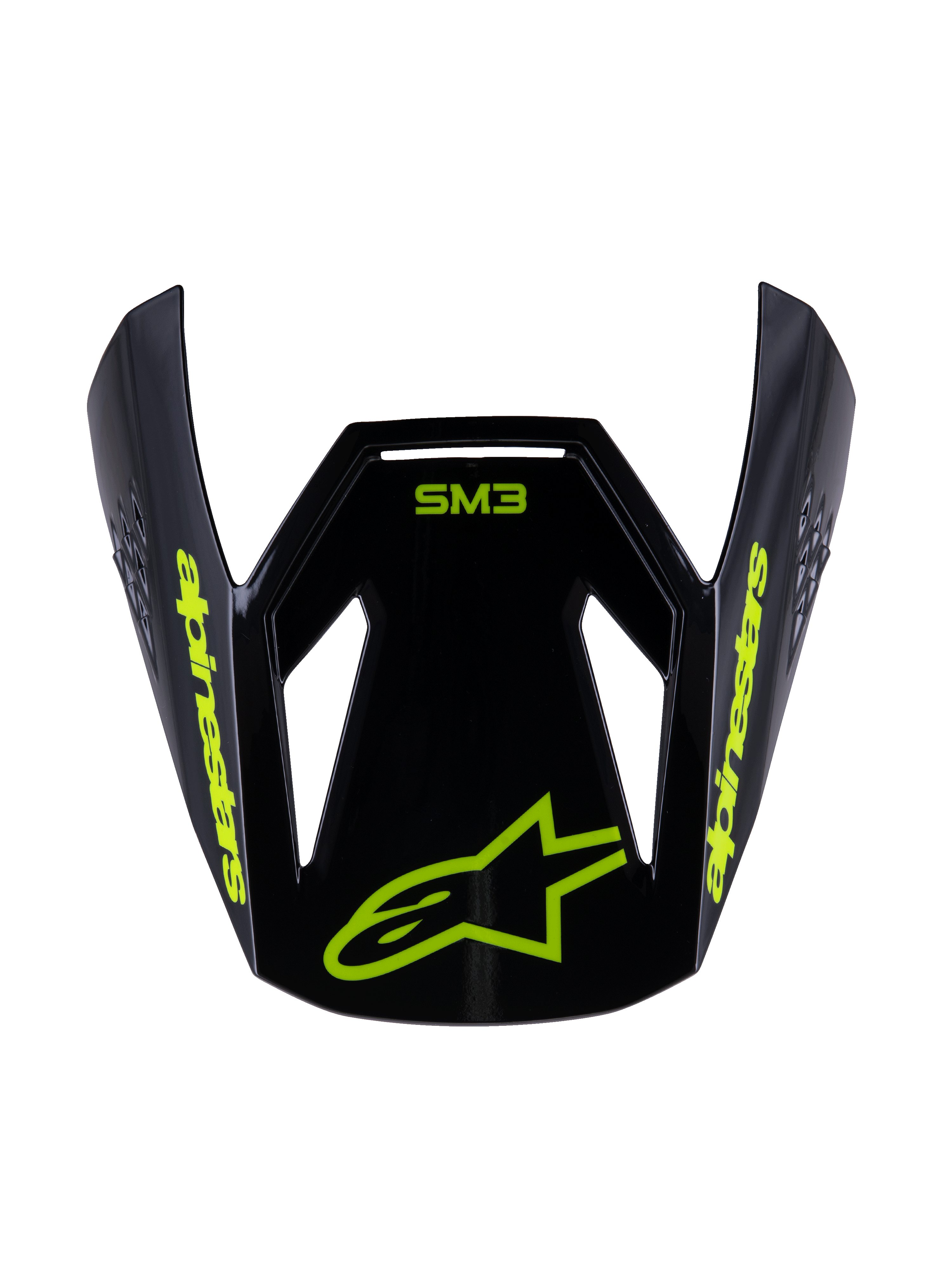 Alpinestars S-M3 Youth Radium Visor, wymienny daszek do kasku motocrossowego, czarny z neonowo-żółtymi (fluo) akcentami w połysku, żółte logo Alpinestars i gwiazda na przodzie, aerodynamiczny kształt