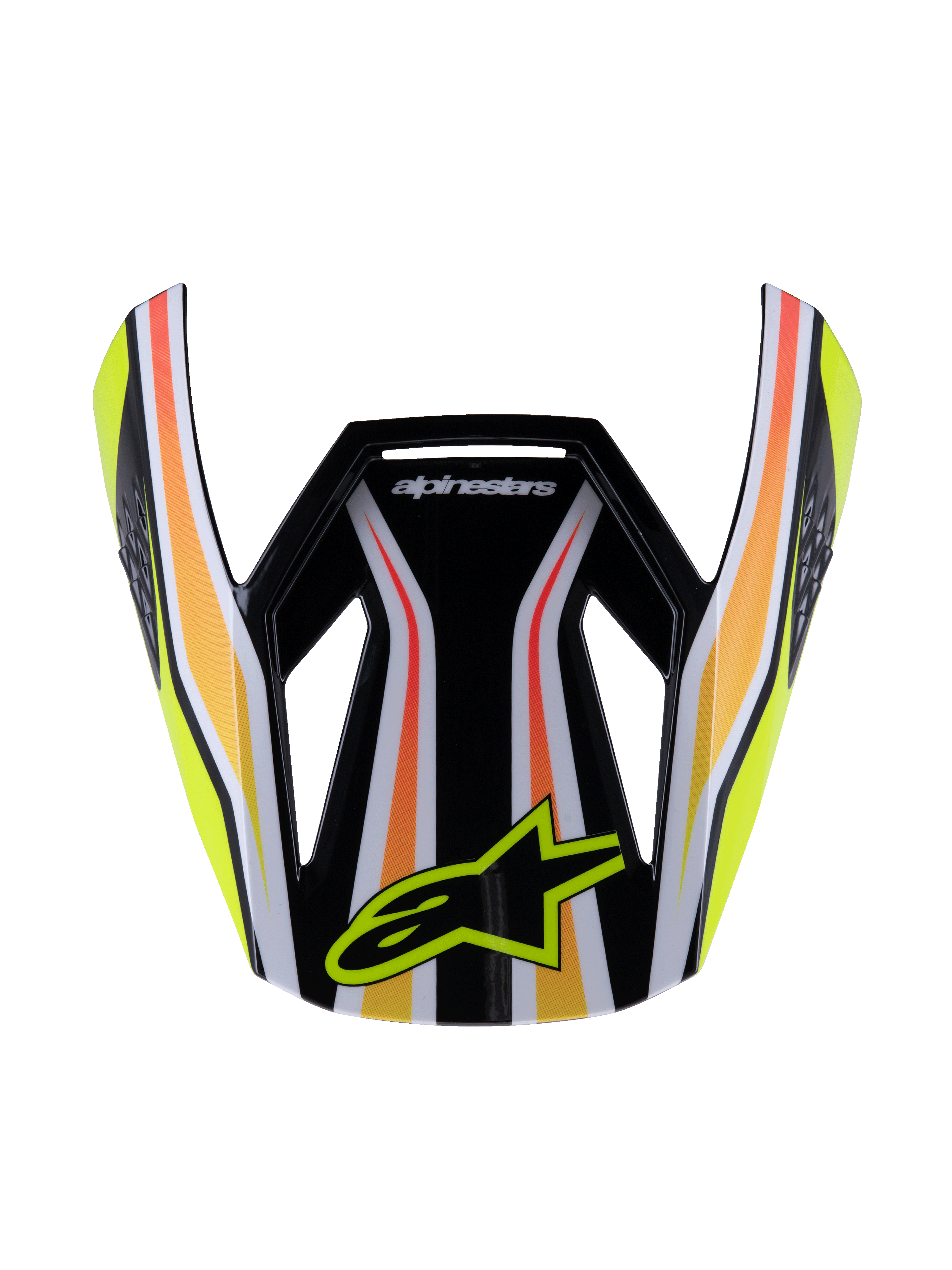 Alpinestars S-M3 Youth Wurx Visor, Motocross Helmet Visor, Black with Yellow Orange and Red stripes, featuring the yellow Alpinestars logo, glossy aerodynamic design, replacement peak for youth off-road racing