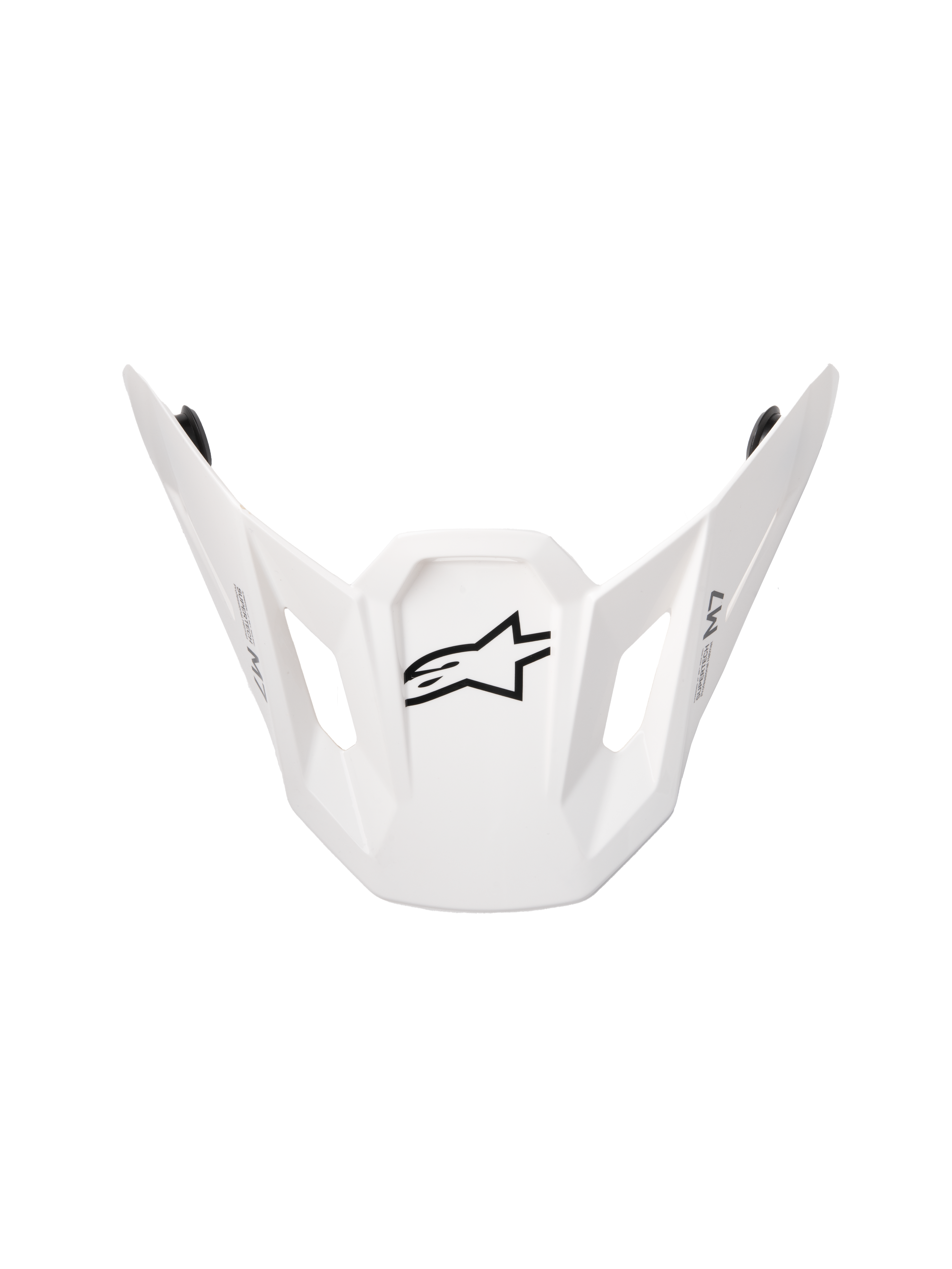 Alpinestars S-M7 Solid ECE06 Visor, wymienny daszek do kasku motocrossowego, białe błyszczące wykończenie, z czarnym logo gwiazdy, kanciasty design aerodynamiczny z prostokątnymi wycięciami wentylacyjnymi, kompatybilny z kaskami S-M7