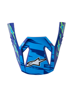Wizjer Alpinestars SM3 Falcon ECE06, niebieski błyszczący daszek do kasku motocrossowego z grafiką żółty fluo i logo Astars.