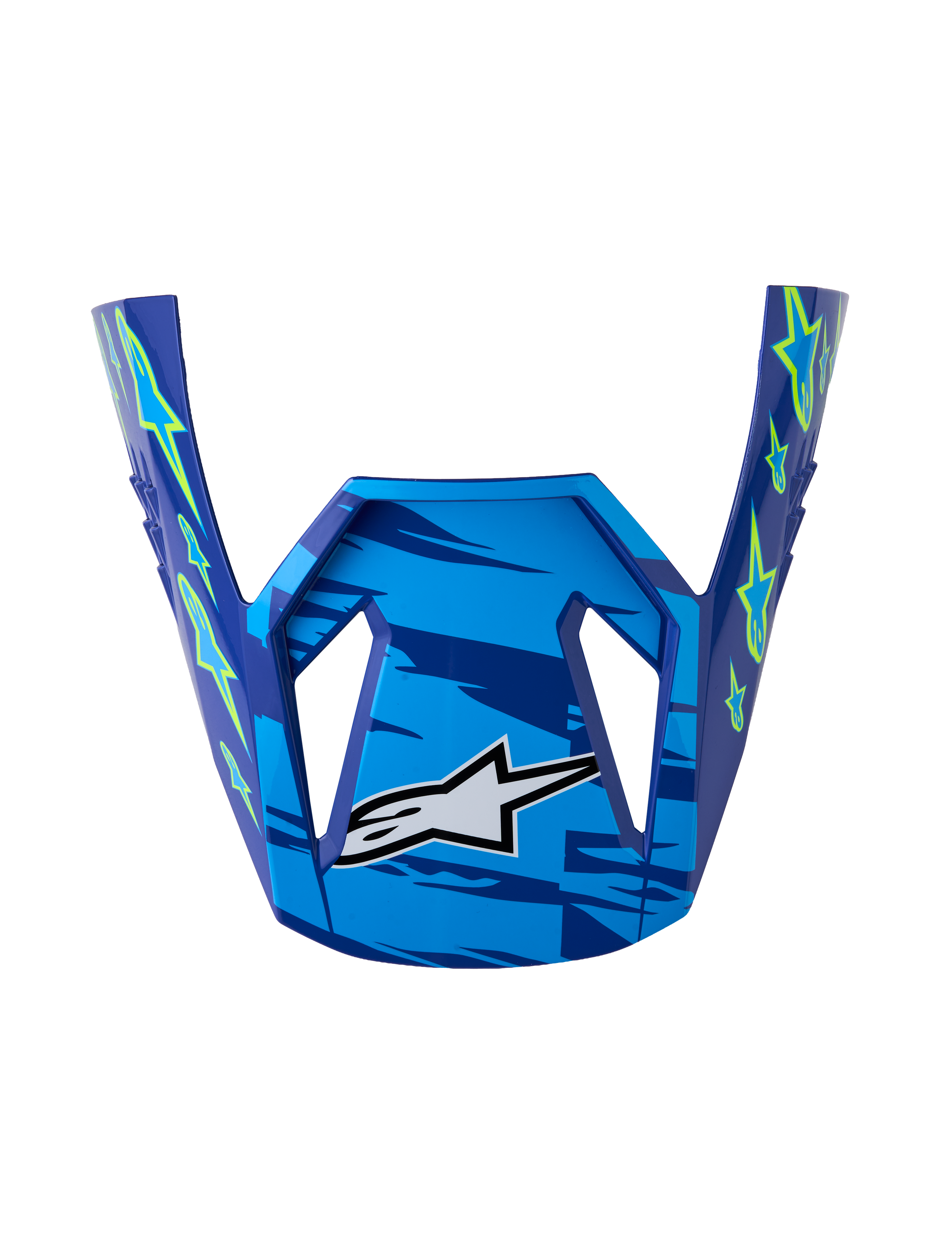 Wizjer Alpinestars SM3 Falcon ECE06, niebieski błyszczący daszek do kasku motocrossowego z grafiką żółty fluo i logo Astars.