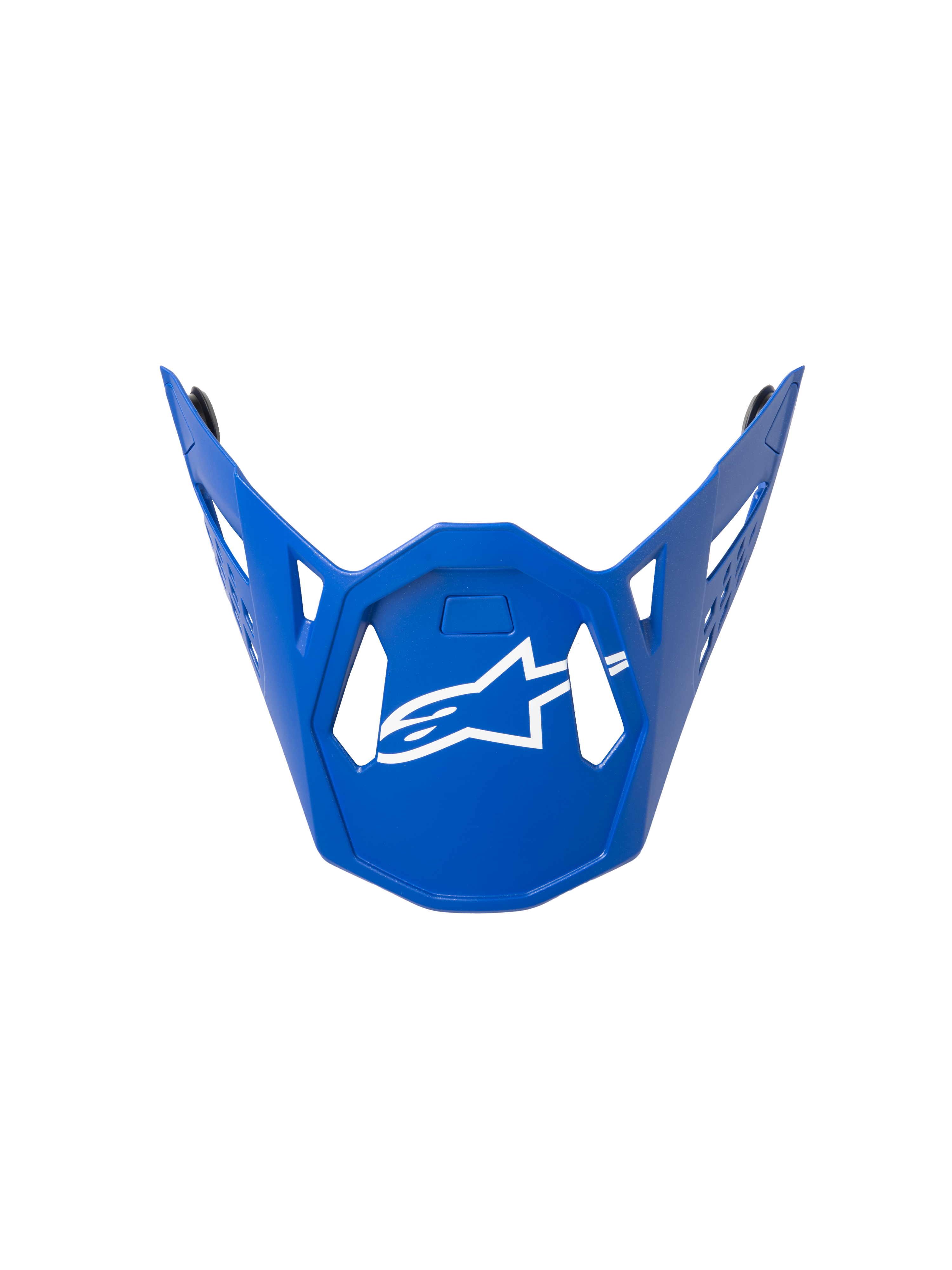 Alpinestars Supertech M10 Flood Visor, daszek do kasku motocrossowego, niebieski z białym logo, o geometrycznym kanciastym designie z wycięciami wentylacyjnymi, smukły profil, oficjalna część zamienna do kasków off-road