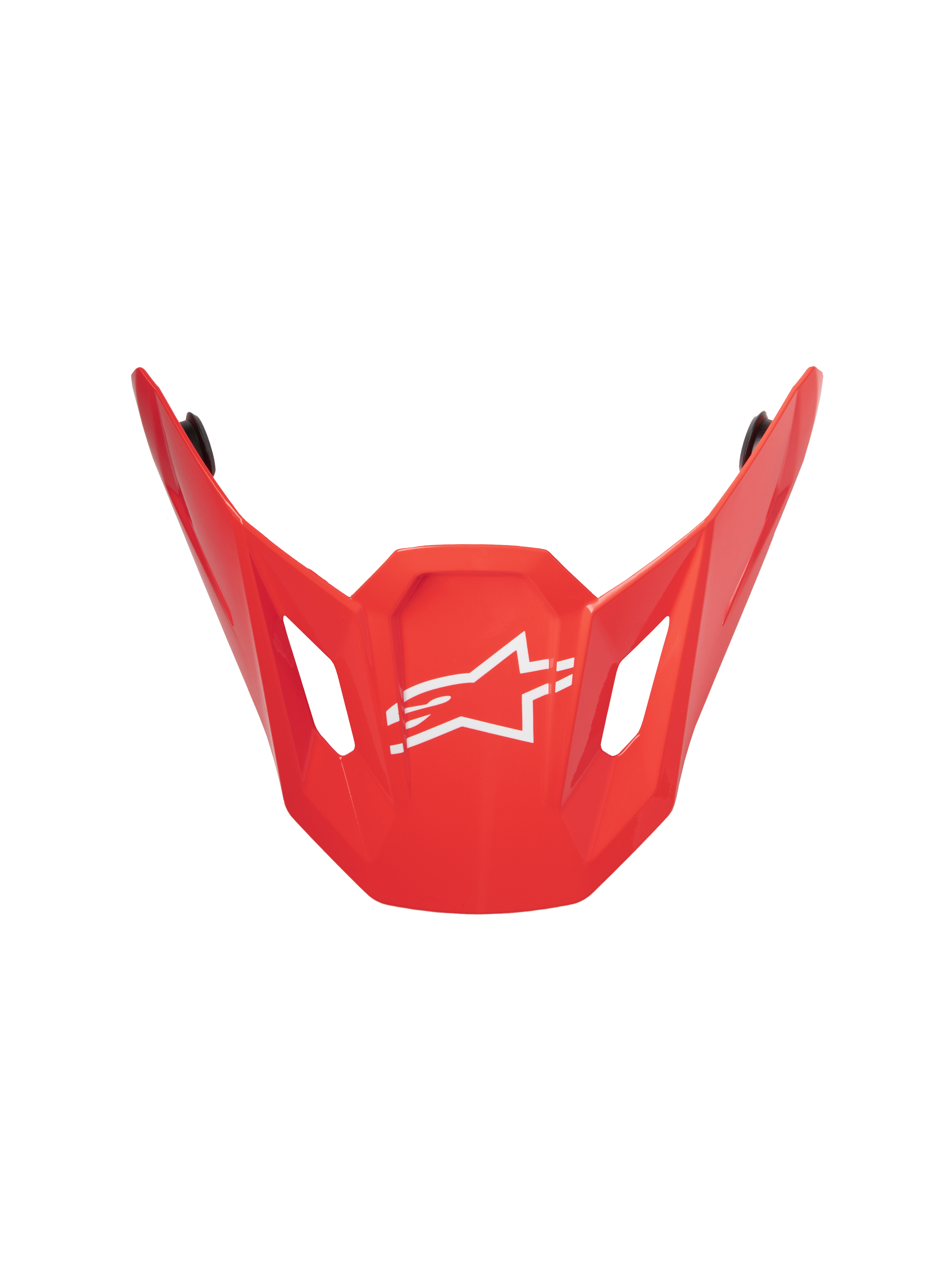 Alpinestars S-M7 Core ECE06 Visor, wymienny daszek do kasku motocrossowego, czerwony błyszczący, kanciasty aerodynamiczny kształt z centralnym białym logo gwiazdy Alpinestars, boczne wycięcia wentylacyjne i trwałe błyszczące wykończenie