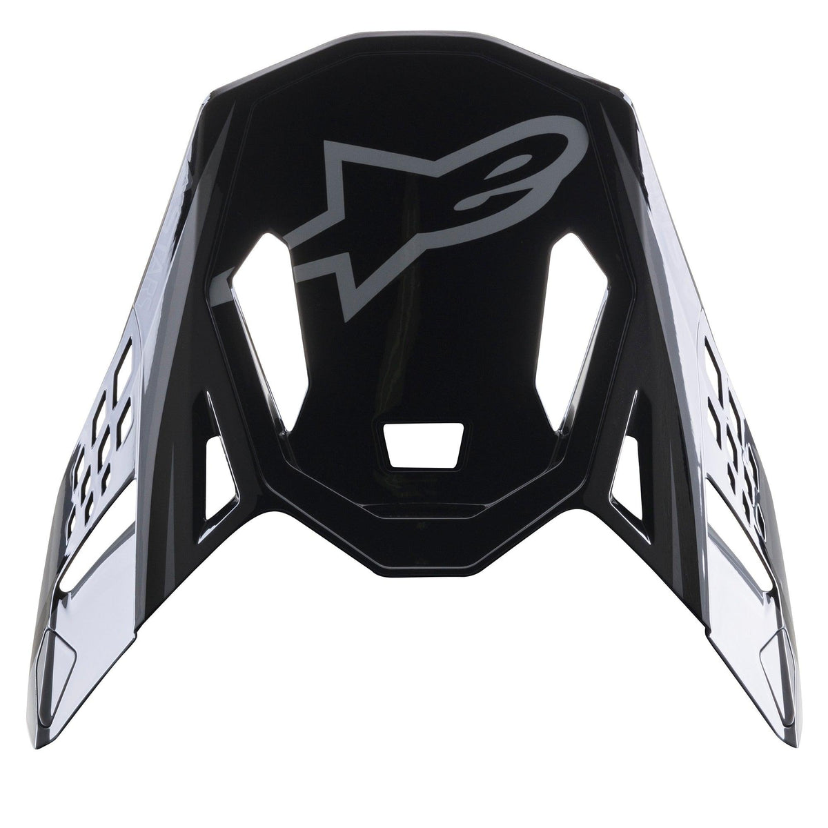 Alpinestars Supertech M10 Carbon Meta2 Visor, akcesorium do kasku motocrossowego, czarno-szary błyszczący, z szarym logo A-star z przodu, aerodynamiczna konstrukcja z wycięciami wentylacyjnymi do wyścigów off-road