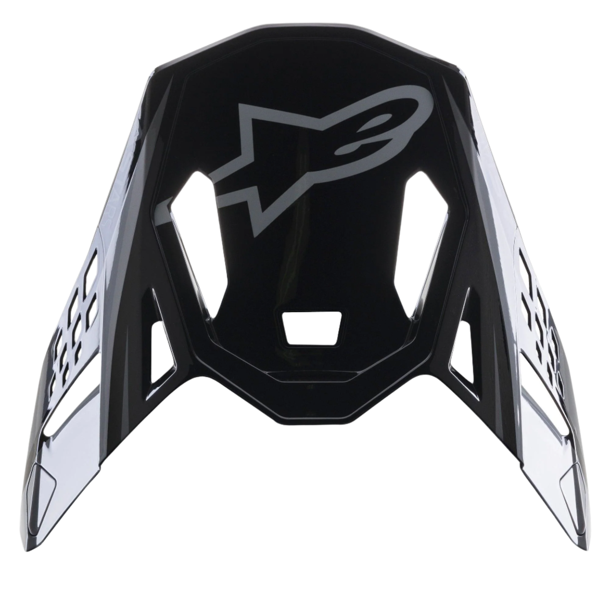 Alpinestars Supertech M10 Carbon Meta2 Visor, wymienny daszek w kolorze czarno-szarym z połyskiem, szare logo Alpinestars, aerodynamiczne wycięcia wentylacyjne, akcesorium do kasku motocrossowego