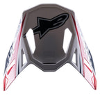 Alpinestars Supertech M10 Carbon Meta2 Visor, wymienny daszek do kasku, biały, czerwony i niebieski z błyszczącym wykończeniem, z czarnym logo Astars i dynamiczną grafiką, zaprojektowany do kasków motocrossowych off-road