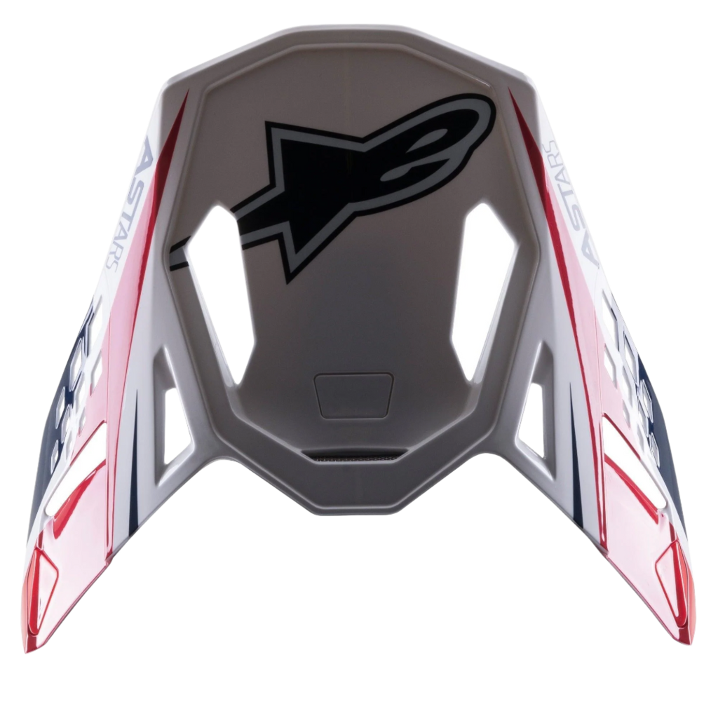 Wizjer Alpinestars Supertech M10 Carbon Meta2, akcesorium do kasku motocrossowego, biało-czerwono-niebieskie błyszczące wykończenie, duże czarne logo Astar na górze, boczny branding, aerodynamiczna konstrukcja z wycięciami wentylacyjnymi do kasków off-road