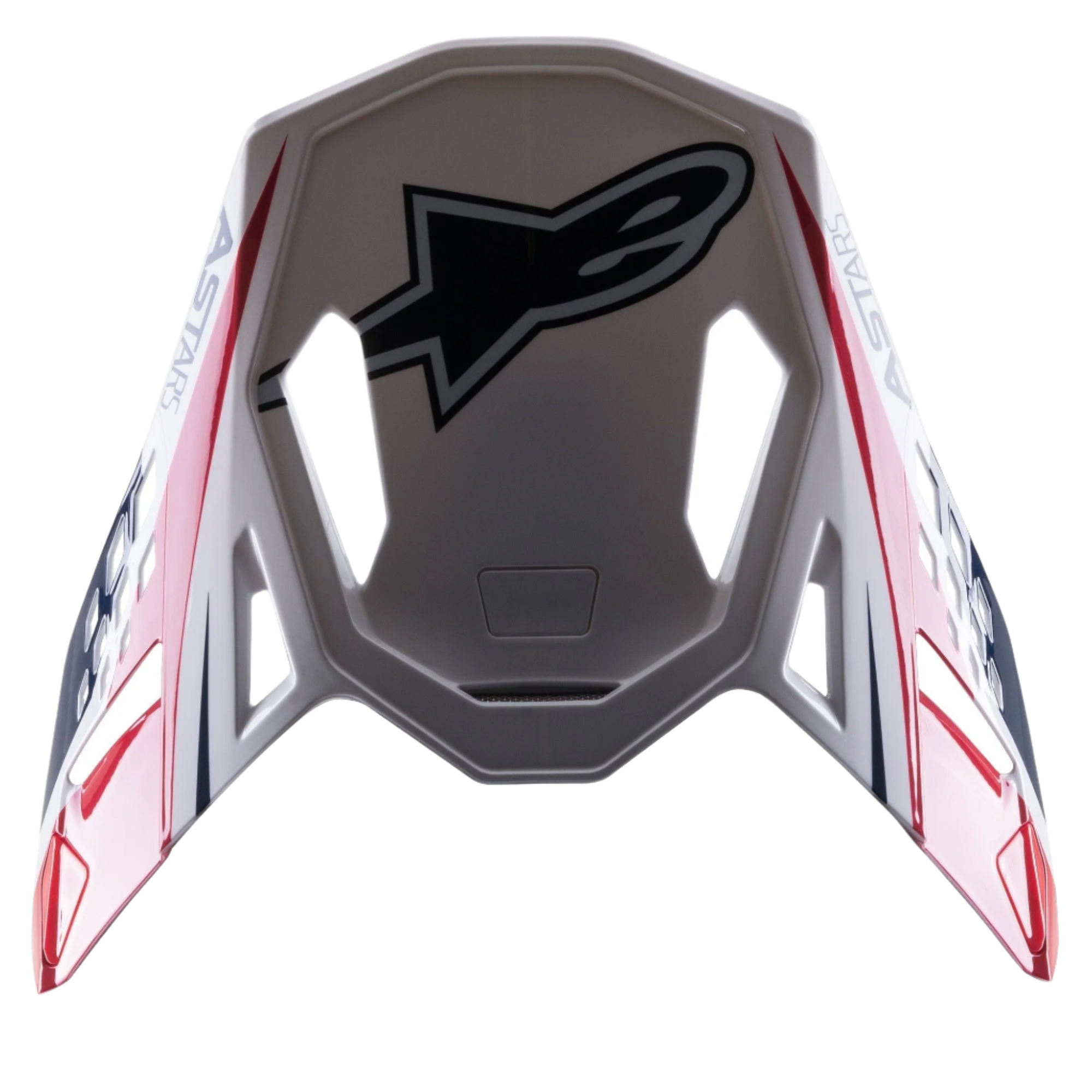Wizjer Alpinestars Supertech M10 Carbon Meta2, akcesorium do kasku motocrossowego, biało-czerwono-niebieskie błyszczące wykończenie, duże czarne logo Astar na górze, boczny branding, aerodynamiczna konstrukcja z wycięciami wentylacyjnymi do kasków off-road