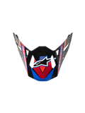 Alpinestars Supertech M10 Era Visor, wymienny daszek do kasku motocrossowego, niebieski, czerwony i żółty fluo, błyszczące czarne wykończenie z kanciastymi grafikami, centralne białe logo gwiazdy oraz aerodynamiczne otwory wentylacyjne