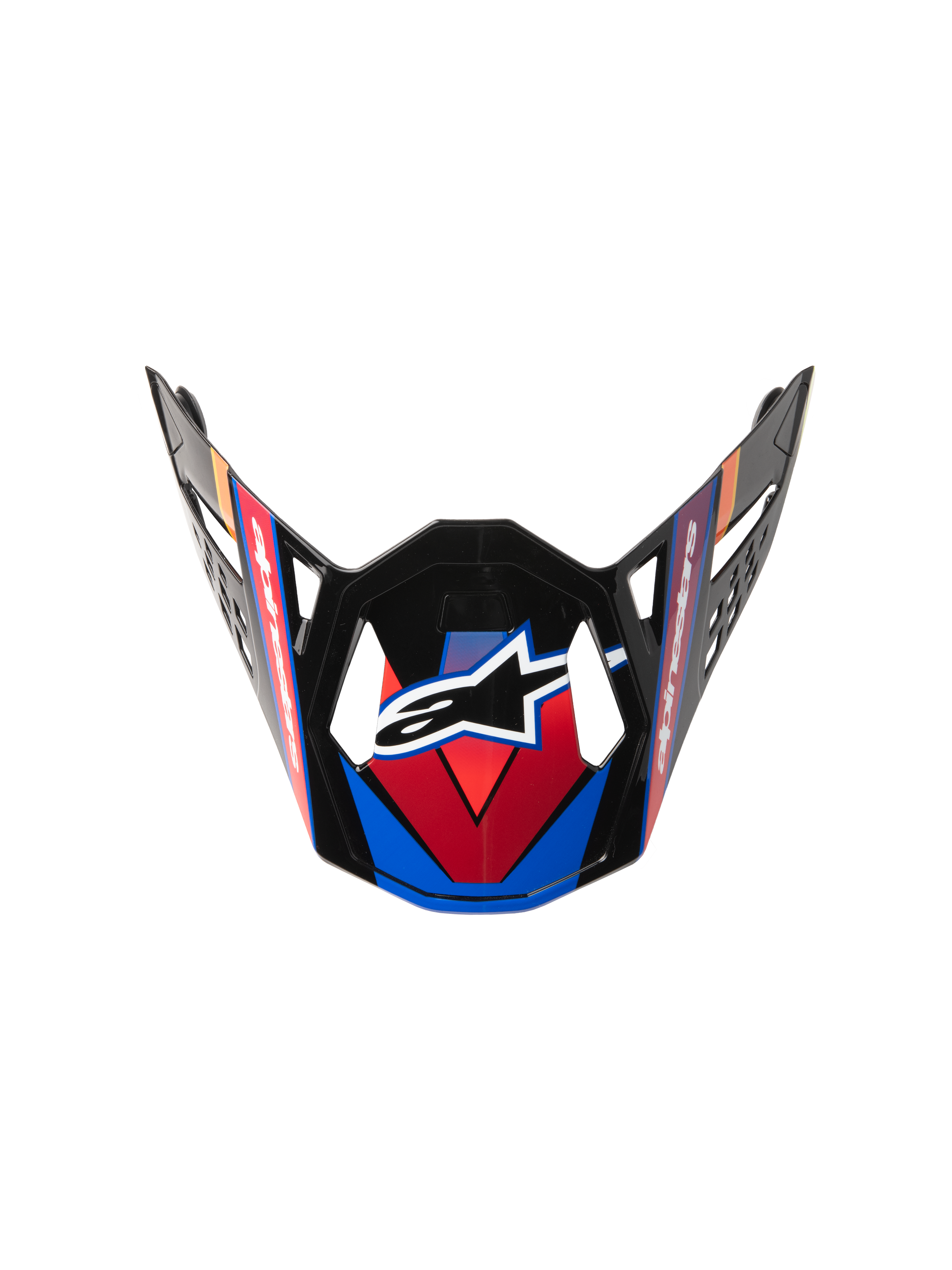 Alpinestars Supertech M10 Era Visor, wymienny daszek do kasku motocrossowego, niebieski, czerwony i żółty fluo, błyszczące czarne wykończenie z kanciastymi grafikami, centralne białe logo gwiazdy oraz aerodynamiczne otwory wentylacyjne