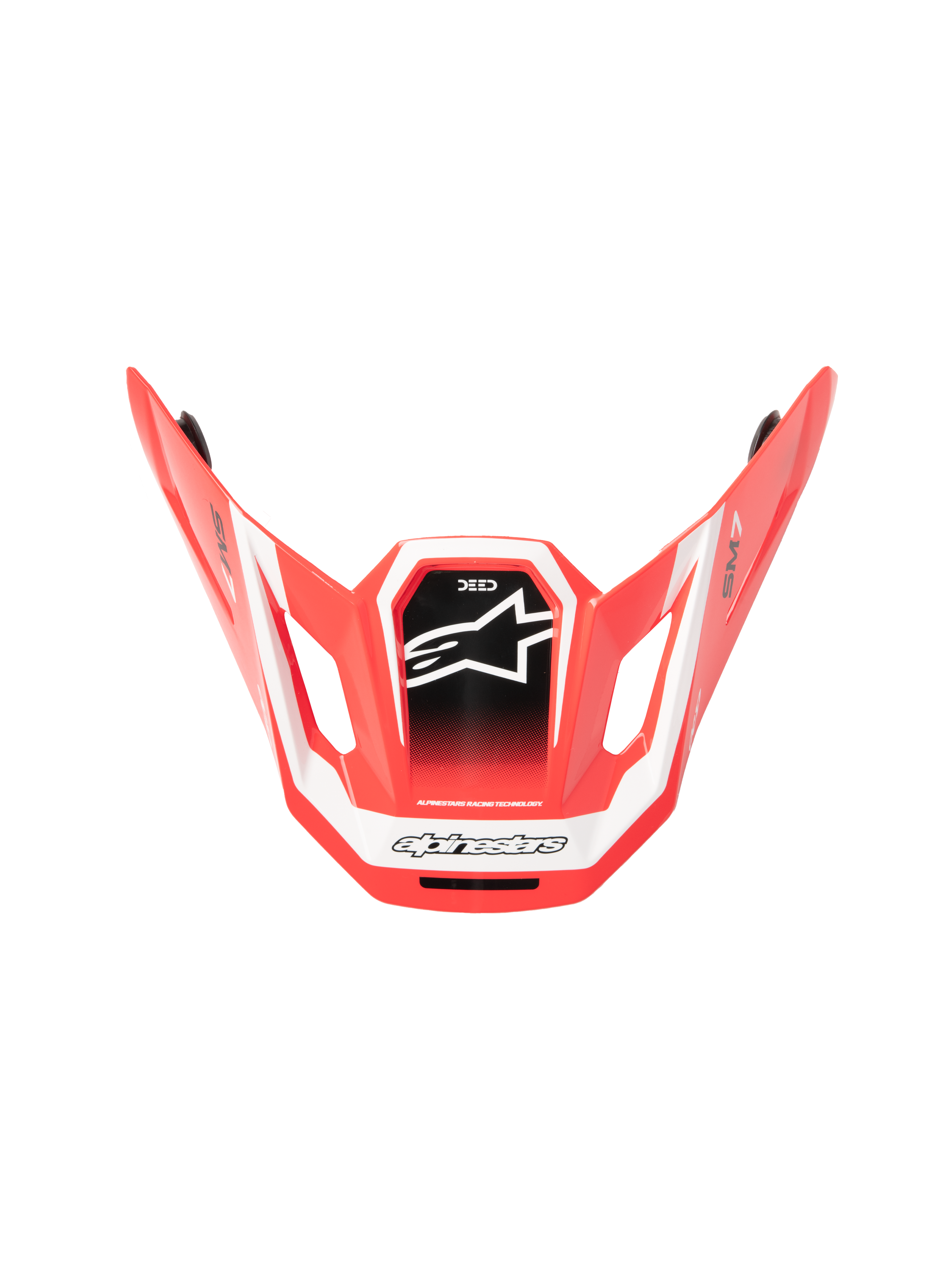 Alpinestars S-M7 Deed ECE06 Visor, daszek do kasku motocrossowego, czerwony, czarny i biały z połyskiem, aerodynamiczny kanciasty design z białym logo gwiazdy na czarnym panelu środkowym, oznaczenia SM7 i Deed, błyszczące wykończenie do jazdy terenowej