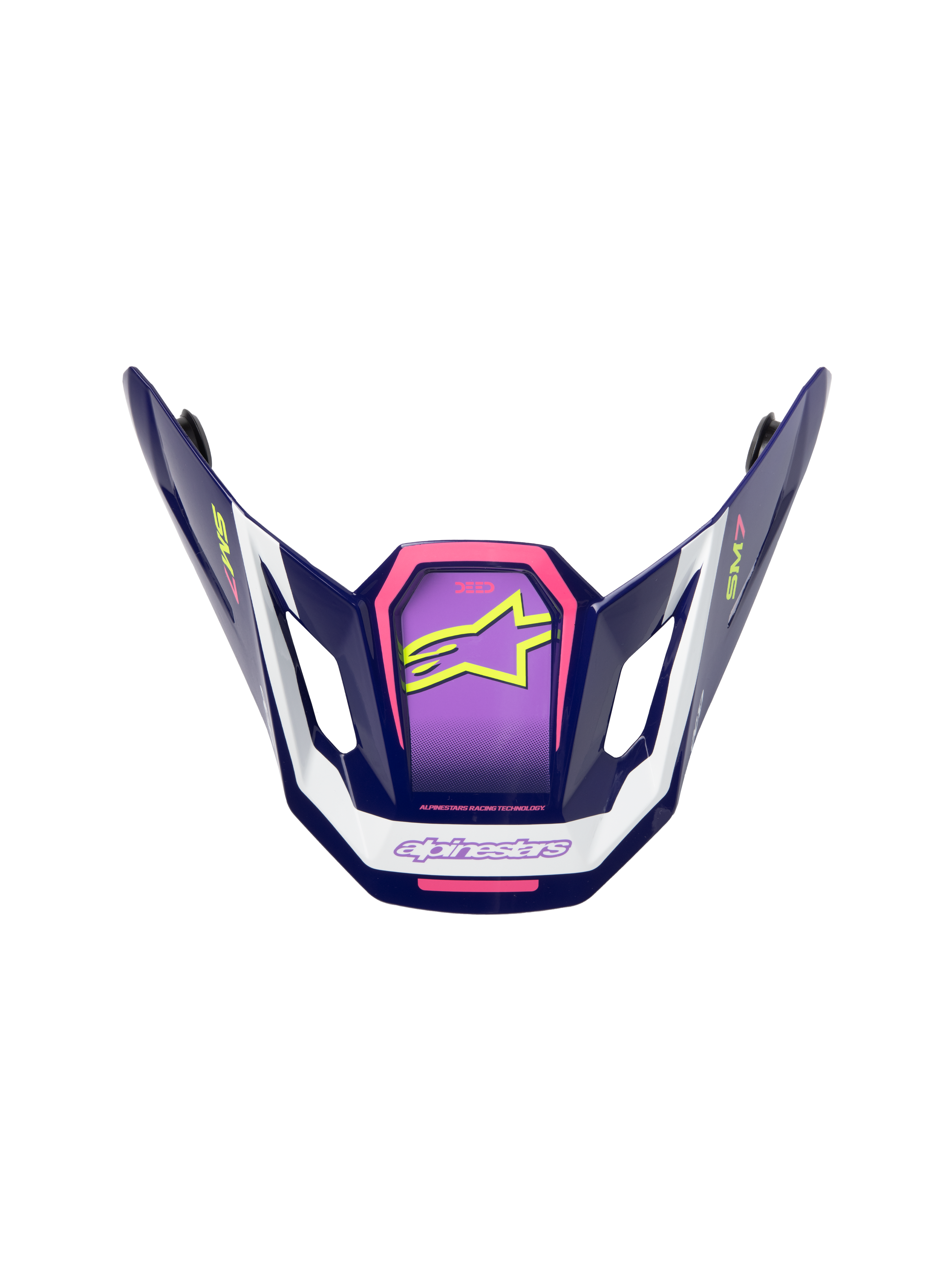 Alpinestars S-M7 Deed Visor, akcesorium do kasku motocrossowego, fioletowy, różowy i biały, błyszczące wykończenie z neonowo-żółtym logo gwiazdy i oznaczeniem SM7, kanciasta aerodynamiczna konstrukcja do wyścigów terenowych