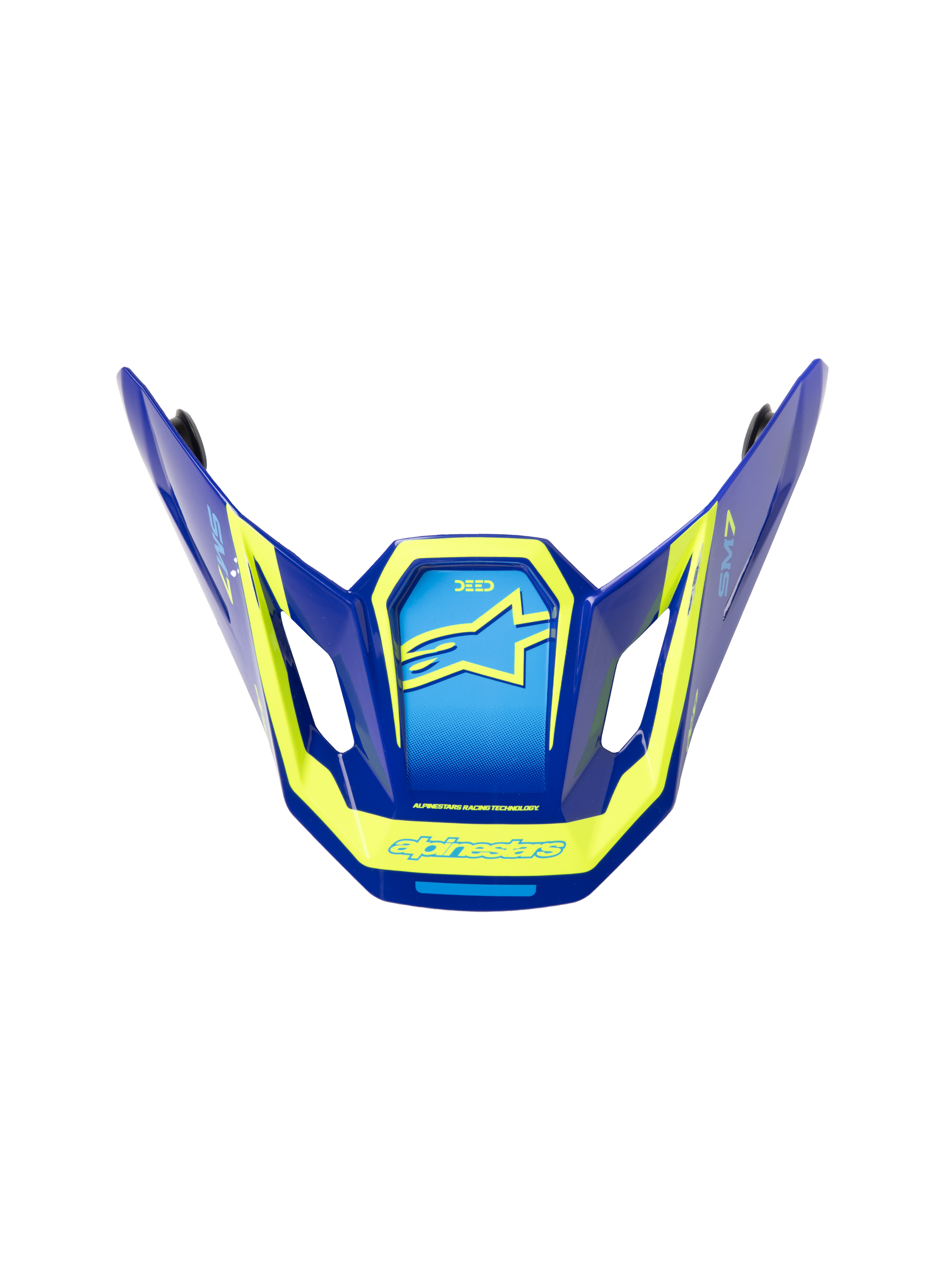 Alpinestars S-M7 Deed ECE06, wymienny daszek do kasku motocrossowego, niebieski i żółty fluorescencyjny z błyszczącym wykończeniem, kanciasty aerodynamiczny design z bocznymi otworami wentylacyjnymi, wyraźne żółte logo i grafiki Alpinestars