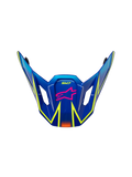 Alpinestars S-M7 Cast Visor, wymienny daszek do kasku motocrossowego, błyszczący niebieski z różowymi i żółtymi neonowymi akcentami, z różowym logo gwiazdy i oznaczeniem SM7, aerodynamiczny design z bocznymi otworami wentylacyjnymi