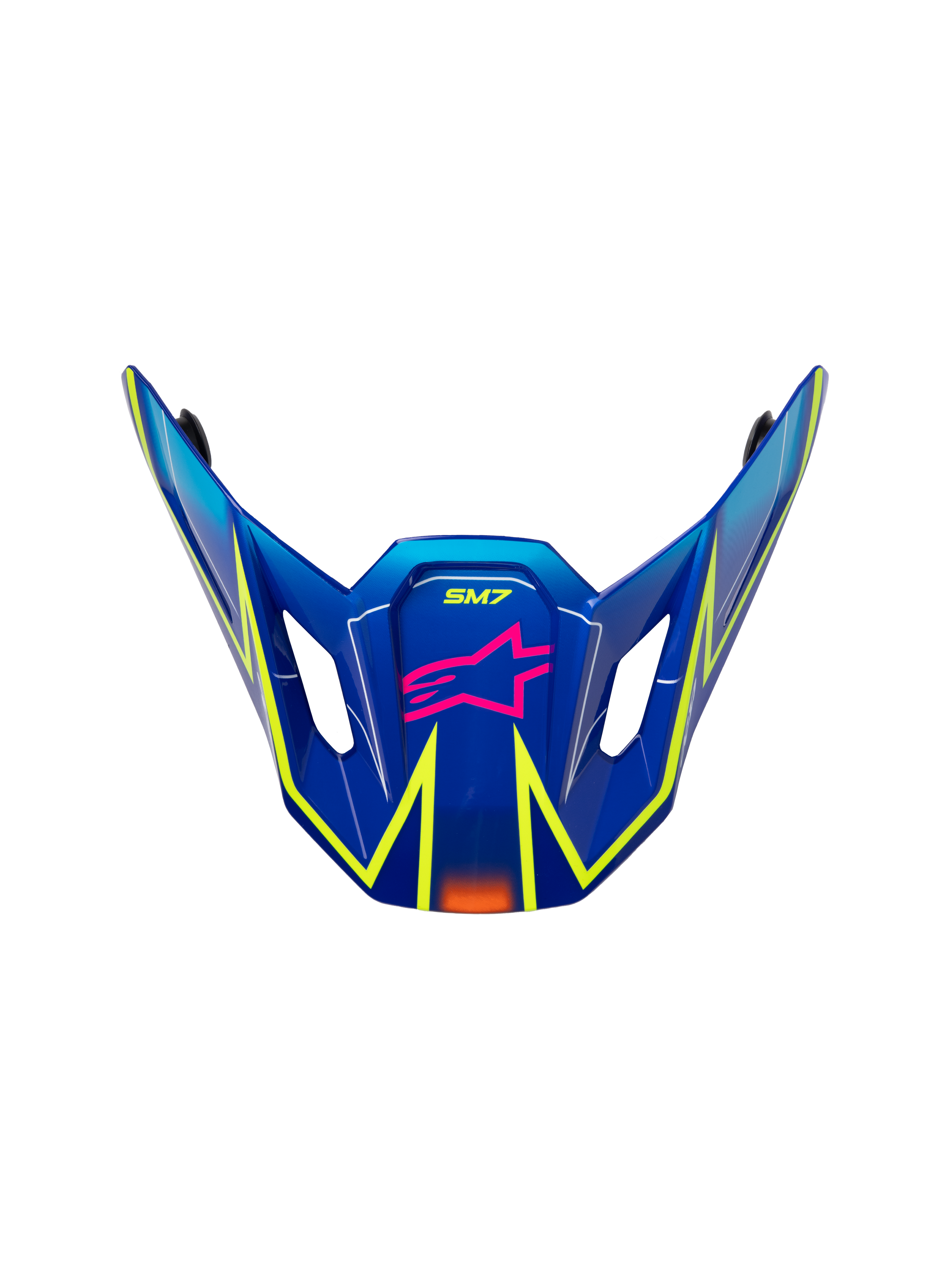 Alpinestars S-M7 Cast Visor, wymienny daszek do kasku motocrossowego, błyszczący niebieski z różowymi i żółtymi neonowymi akcentami, z różowym logo gwiazdy i oznaczeniem SM7, aerodynamiczny design z bocznymi otworami wentylacyjnymi
