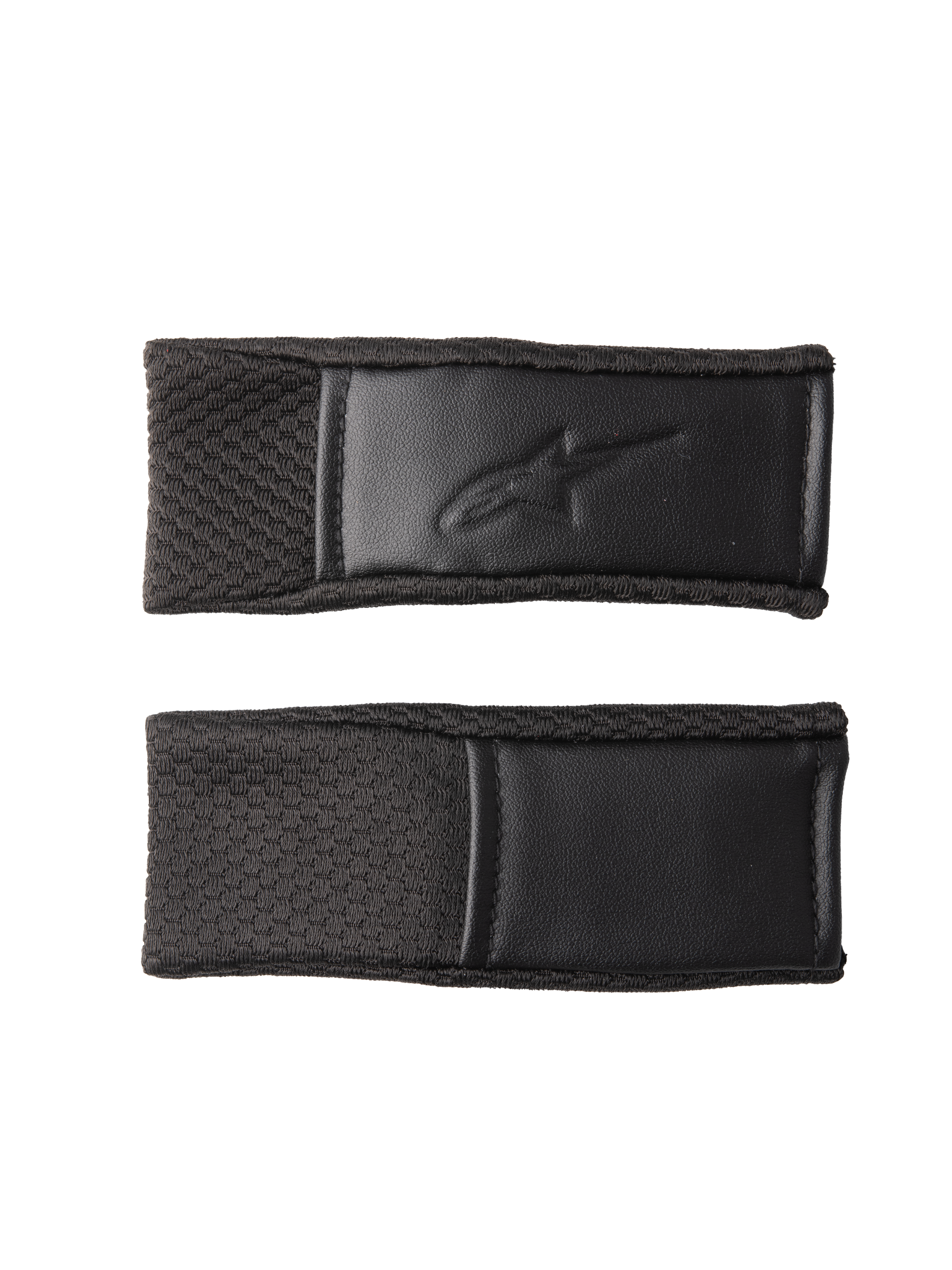Alpinestars S-M7, zestaw osłon paska podbródkowego, czarne, zamienne osłony pasków kasku z teksturowanym wzorem i tłoczonym logo, obszyte krawędzie, akcesoria do kasków motocrossowych