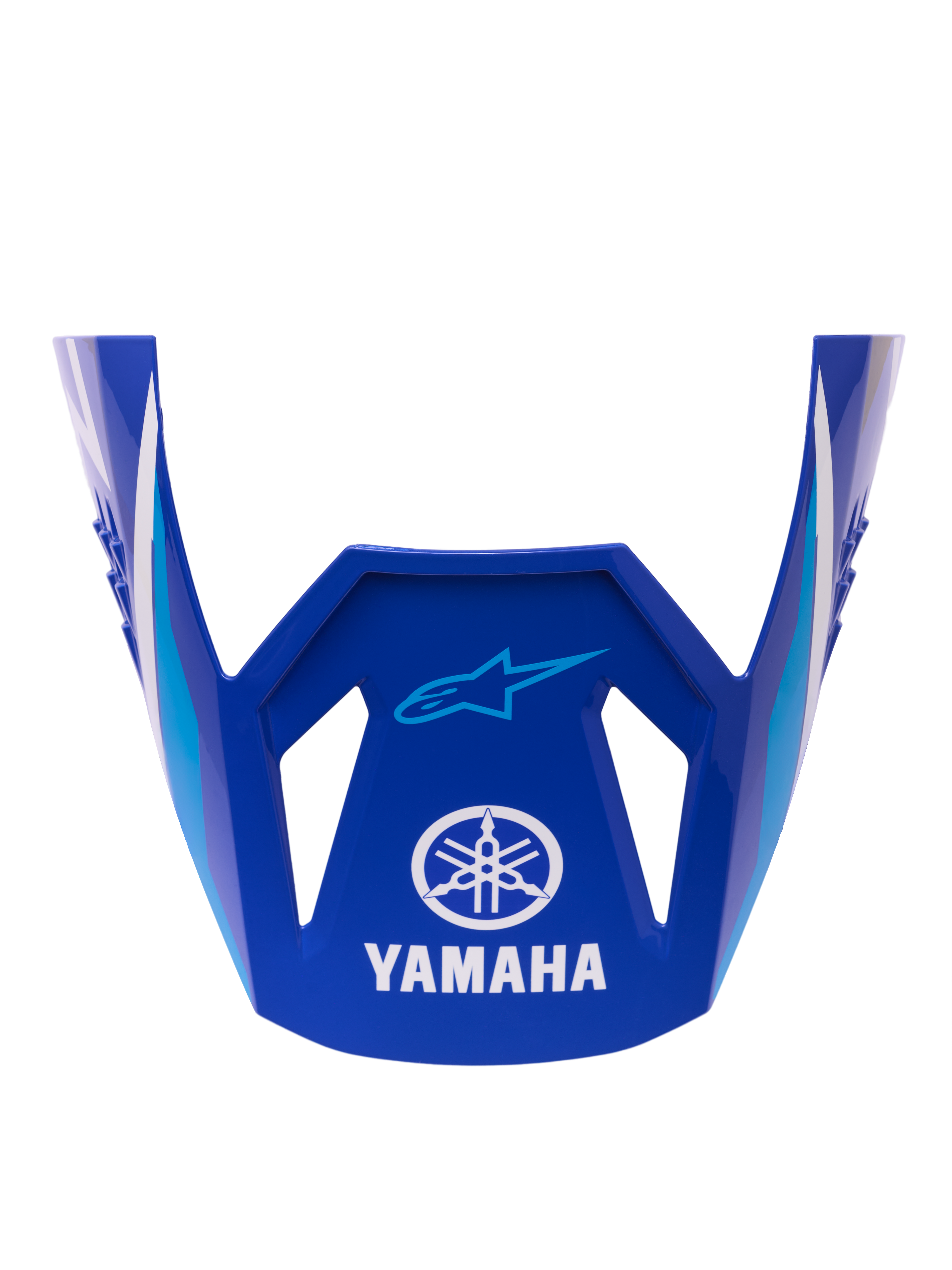 Alpinestars Yamaha S-M3 Visor ECE 22.06, zamienny daszek do kasku, błyszczący niebieski z białymi i jasnoniebieskimi geometrycznymi akcentami, białe logo Yamaha i niebieskie logo Alpinestars Astar, oficjalna część zamienna do kasków motocrossowych