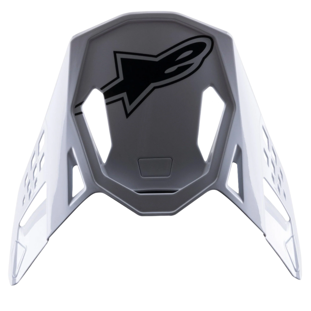 Alpinestars S-M8 Factory Visor, wymienny daszek do kasku motocrossowego, biały z czarnym logo Alpinestars, błyszczące wykończenie, aerodynamiczny design z wycięciami wentylacyjnymi
