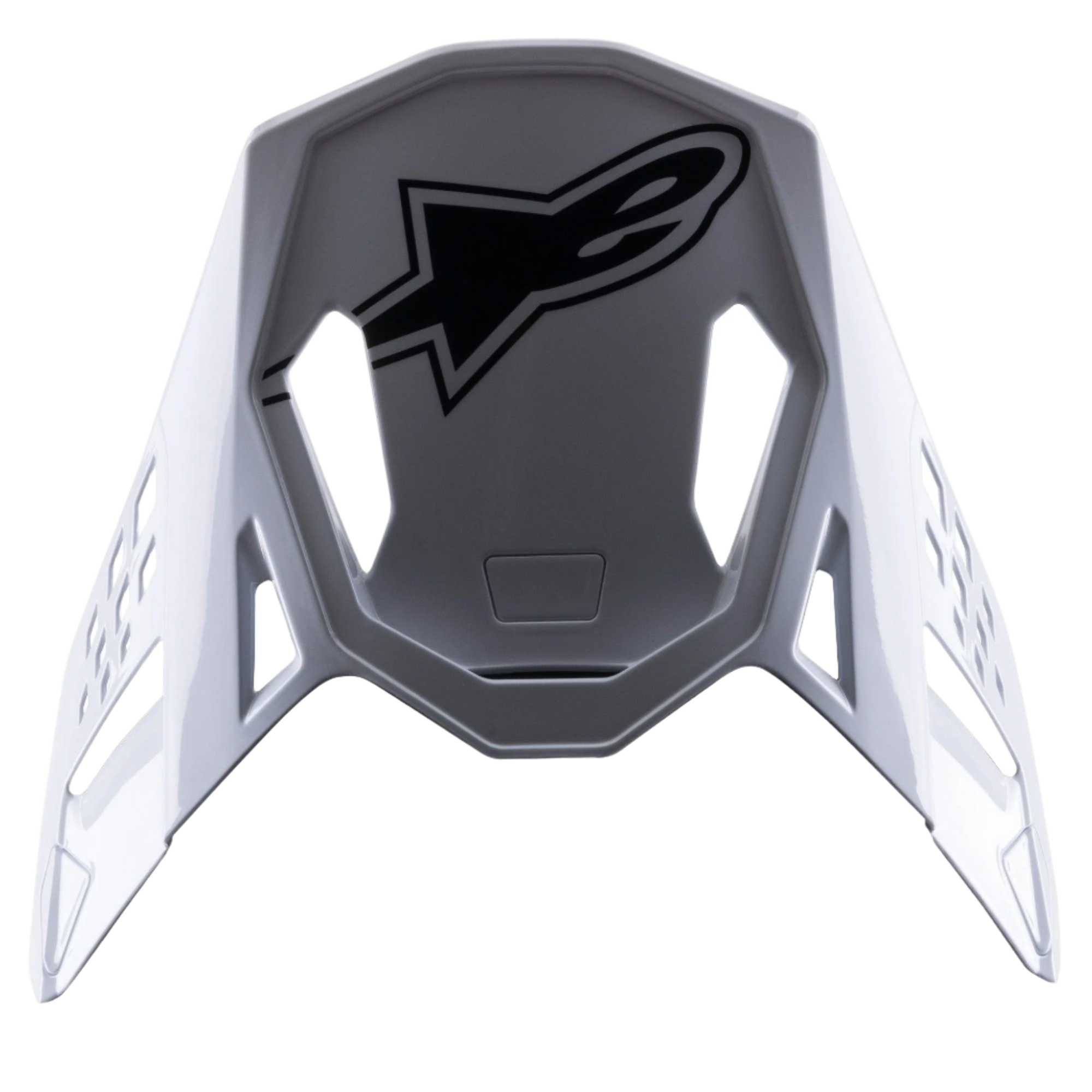 Alpinestars S-M8 Factory Visor, wymienny daszek do kasku motocrossowego, biały z czarnym logo Alpinestars, błyszczące wykończenie, aerodynamiczny design z wycięciami wentylacyjnymi