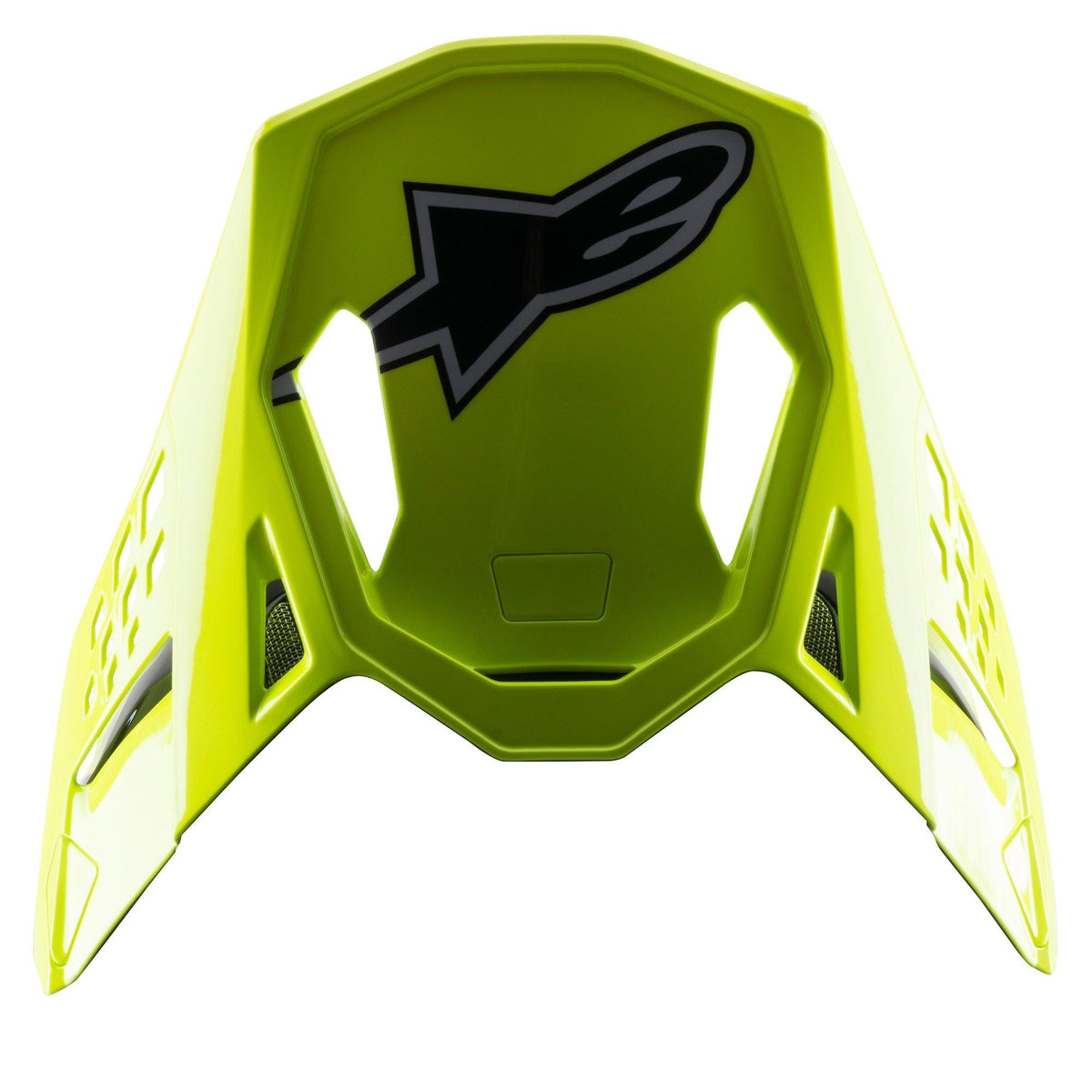 Alpinestars S-M8 Factory Visor, wymienny daszek do kasku motocrossowego, jaskrawy żółty fluo z połyskiem, czarne logo Alpinestars i aerodynamiczne wycięcia, kompatybilny z kaskami Supertech M8