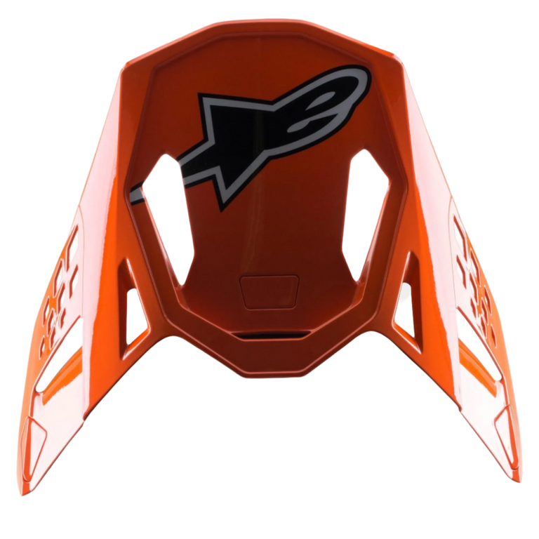 Alpinestars S-M8 Factory Visor, akcesorium do kasku motocrossowego, błyszczący pomarańczowy z dużym czarno-białym logo Alpinestars, aerodynamiczne wycięcia wentylacyjne, wymienny daszek do kasków Supertech M8