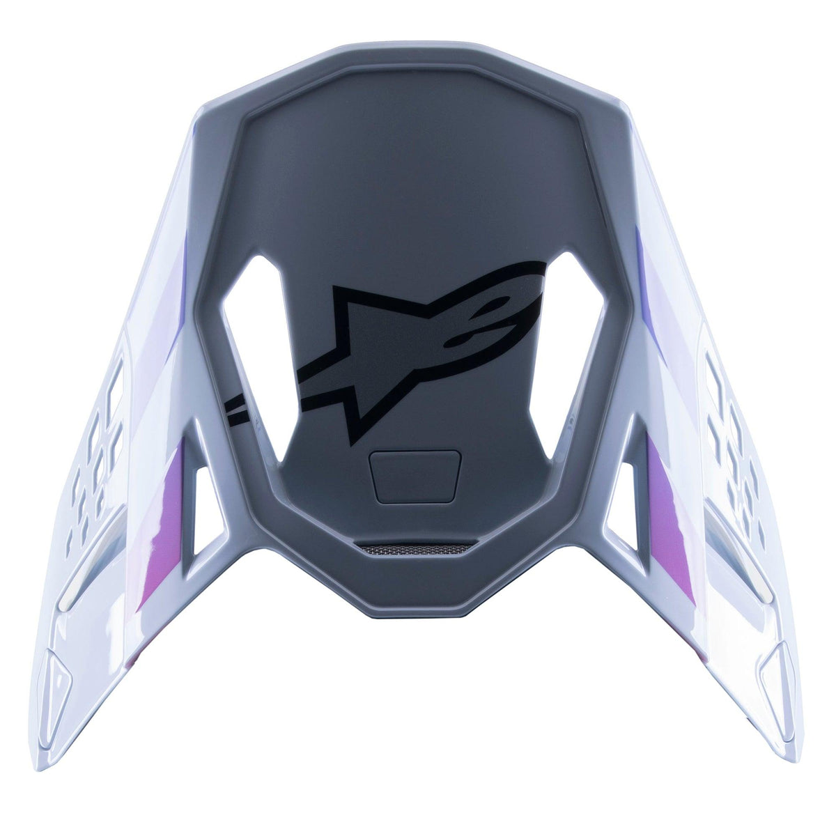 Alpinestars Supertech M10 Daytona 23 LE Visor, zapasowy daszek motocrossowy, kolor Haze Gray z fioletowymi i białymi akcentami, czarne logo na spodzie, lekka wentylowana konstrukcja do wyścigów MX