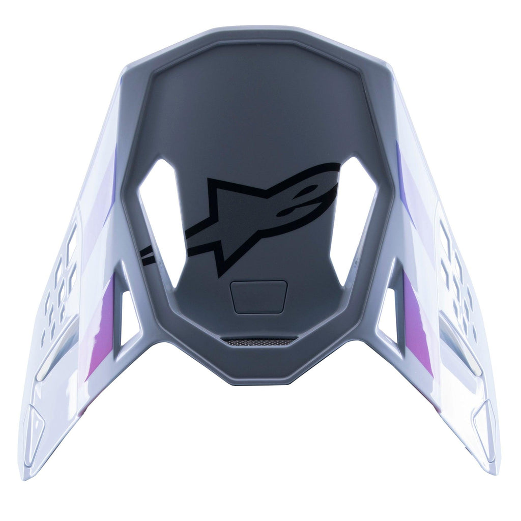 Alpinestars Supertech M10 Daytona 23 LE Visor, Replacement Motocross Peak, Haze Gray with purple and white accents, featuring a black logo on the underside, lightweight vented design for MX racing