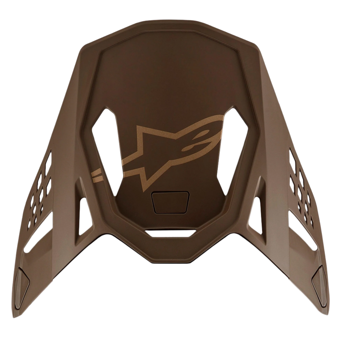 Alpinestars Supertech M10 Squad 23 LE Visor, zamienny daszek do kasku motocrossowego, ciemnobrązowy i złoty Kangaroo Gold, z centralnym złotym logo Alpinestars i aerodynamicznymi wycięciami wentylacyjnymi