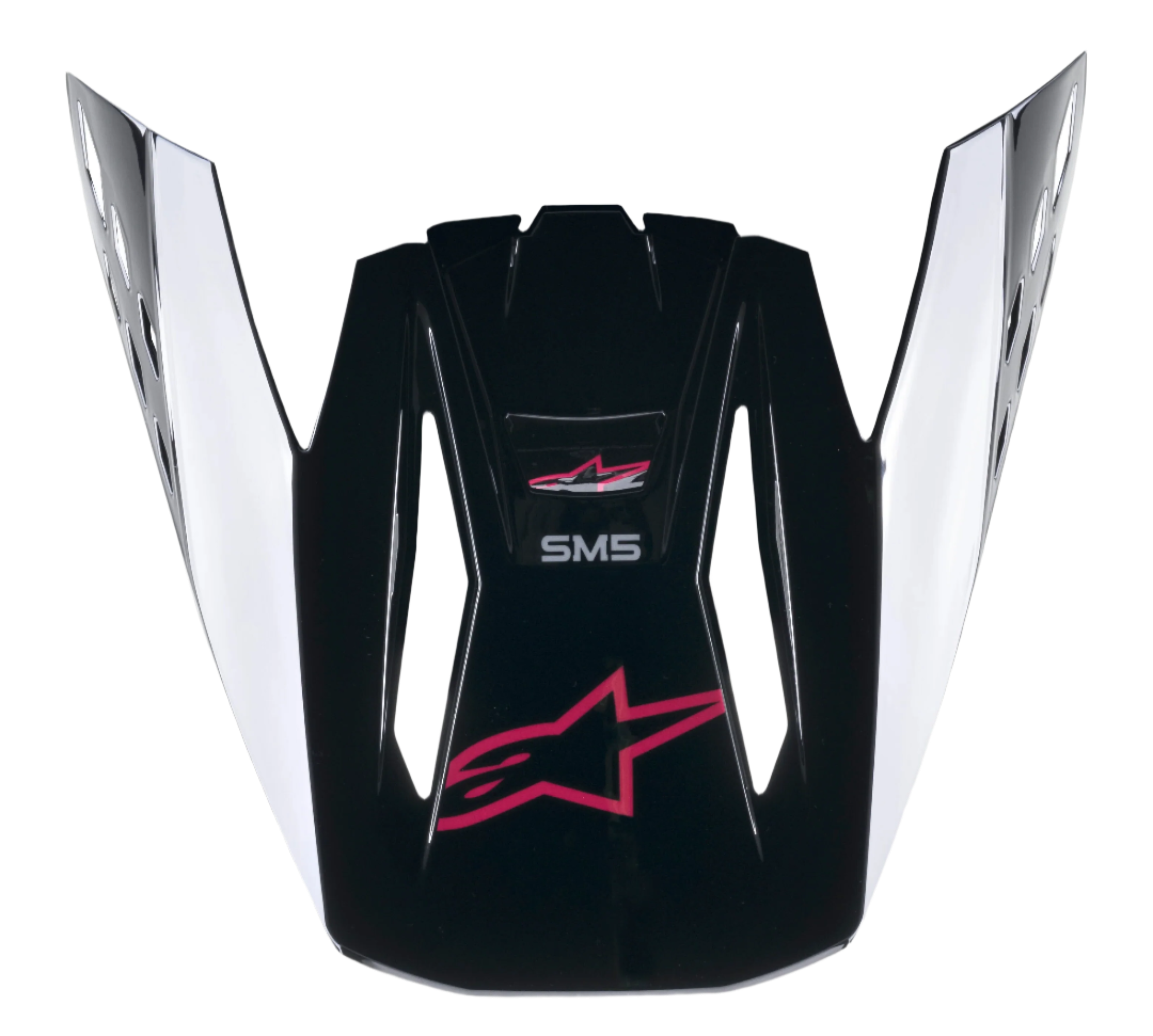 Alpinestars S-M5 Compass Visor, daszek do kasku motocrossowego, czarny połysk z różowym Diva Pink, różowe logo Astars i białe akcenty boczne, część zamienna do kasków terenowych Supertech M5