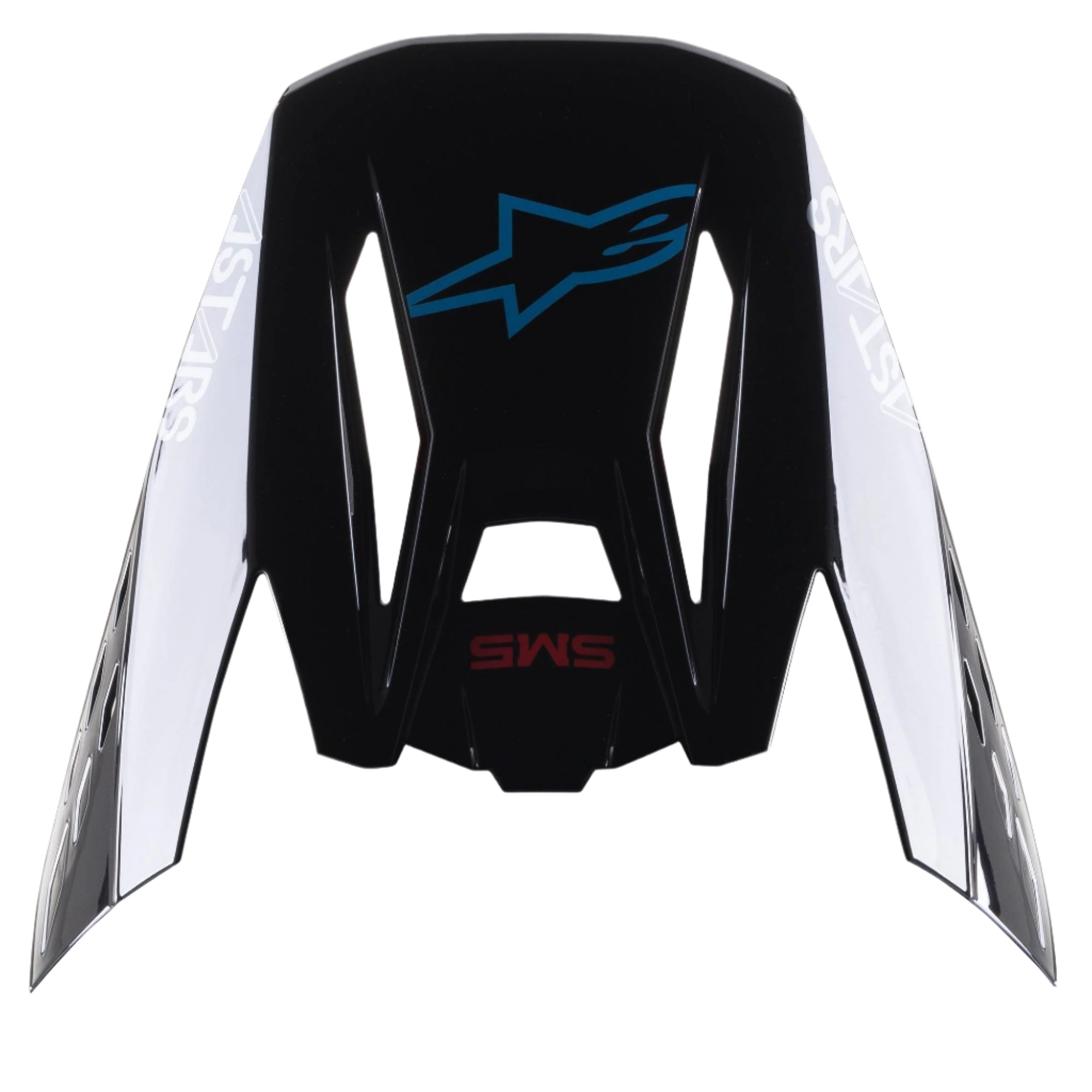 Wizjer Alpinestars S-M5 Bond, wymienny daszek do kasków motocrossowych, kolor Black Cyan Glossy z białym logo Astars po bokach, widok z góry z niebieskim logo gwiazdy i czerwonym napisem SM5