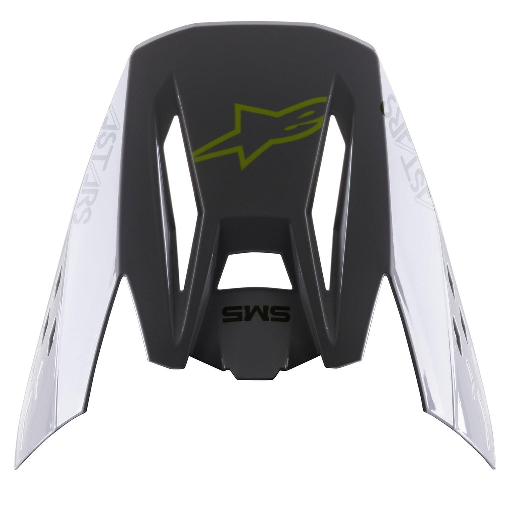 Alpinestars S-M5 Bond Visor, wymienny daszek do kasku, srebrny i żółty fluo z połyskiem, z centralnym żółtym logo gwiazdy, napisem SM5 i białymi panelami bocznymi z brandingiem ASTARS, wykończenie z połyskiem