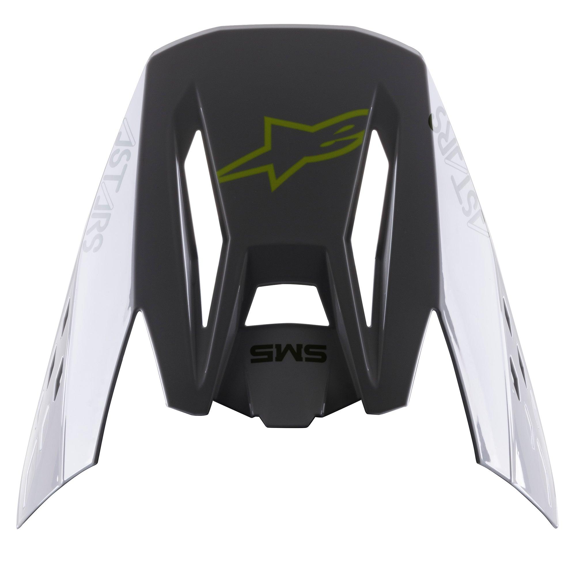 Alpinestars S-M5 Bond Visor, wymienny daszek do kasku, srebrny i żółty fluo z połyskiem, z centralnym żółtym logo gwiazdy, napisem SM5 i białymi panelami bocznymi z brandingiem ASTARS, wykończenie z połyskiem
