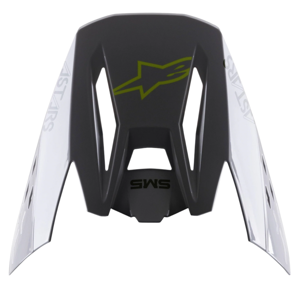 Wizjer Alpinestars S-M5 Bond, akcesorium do kasku, srebrno-żółty fluorescencyjny, błyszczący, ciemnoszara sekcja centralna z żółtym logo fluo, srebrne panele boczne z napisem Astars, wymienny daszek do kasków motocrossowych S-M5