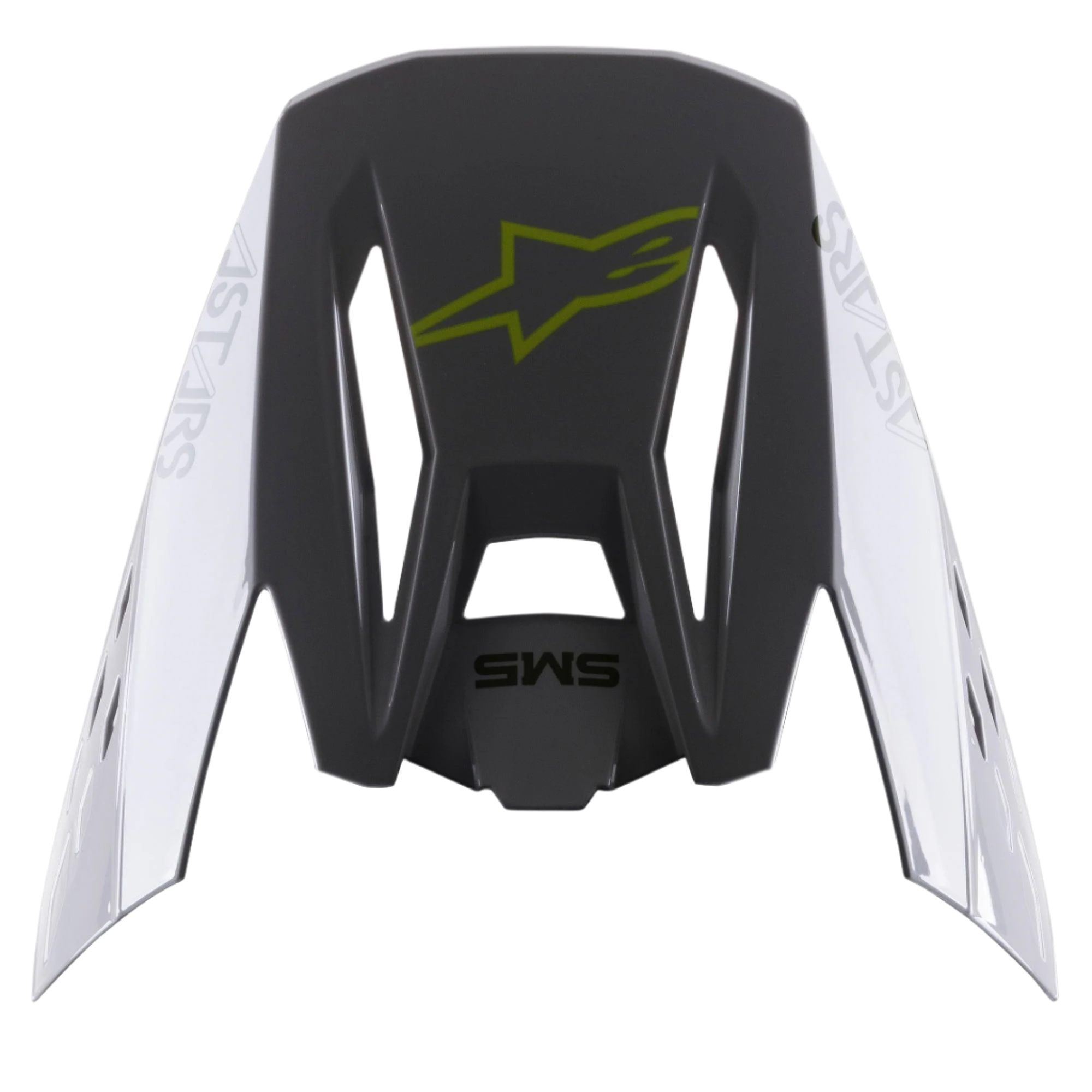 Wizjer Alpinestars S-M5 Bond, akcesorium do kasku, srebrno-żółty fluorescencyjny, błyszczący, ciemnoszara sekcja centralna z żółtym logo fluo, srebrne panele boczne z napisem Astars, wymienny daszek do kasków motocrossowych S-M5
