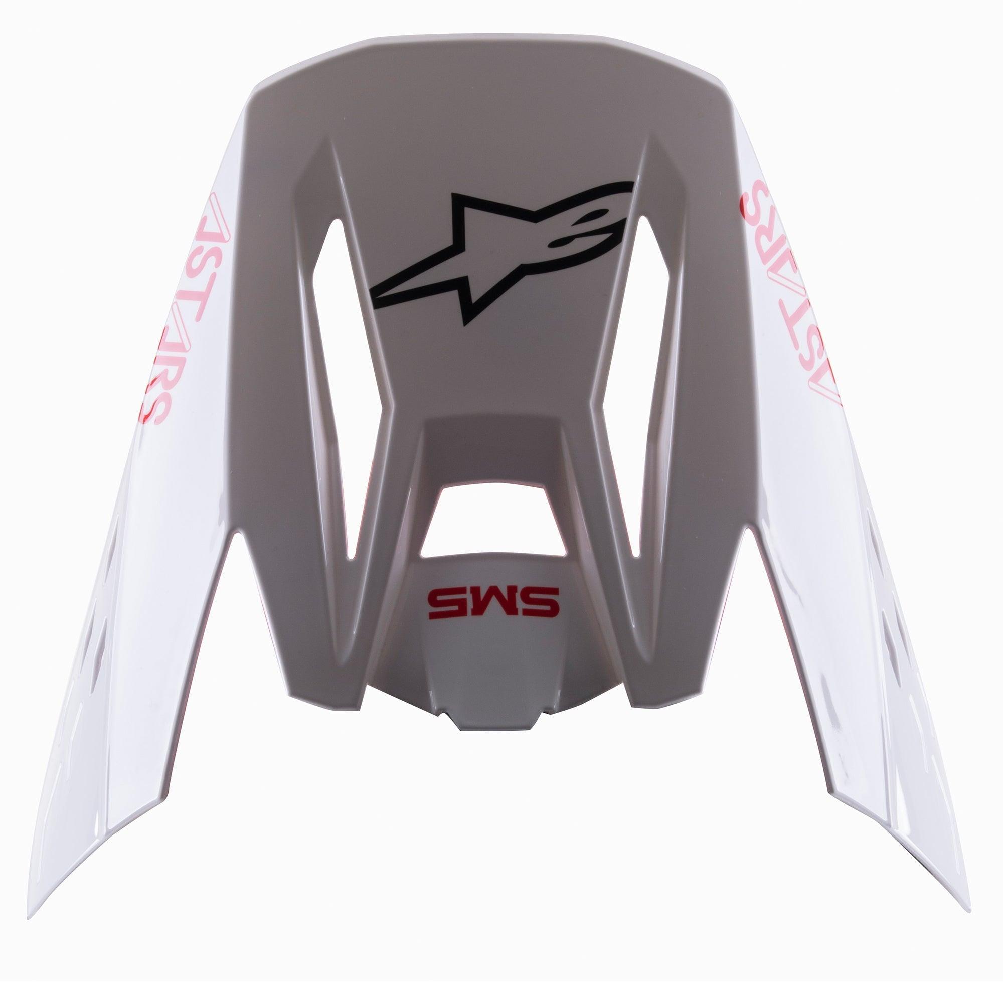 Wizjer Alpinestars S-M5 Bond White Red Glossy, wymienny daszek do kasku motocrossowego, biały z połyskiem z czerwonym brandingiem ASTARS i SM5, czarne logo gwiazdy, aerodynamiczna konstrukcja do wyścigów off-road