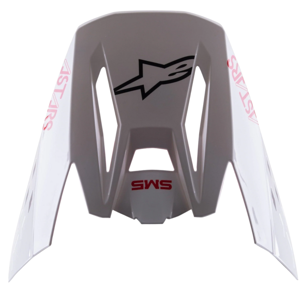 Alpinestars S-M5 Bond White Red Glossy Visor, wymienny daszek do kasku motocrossowego, błyszczące białe wykończenie z czerwonymi oznaczeniami „SM5” i „ASTARS”, centralne czarne logo gwiazdy, akcesorium typu snap-on do jazdy off-road